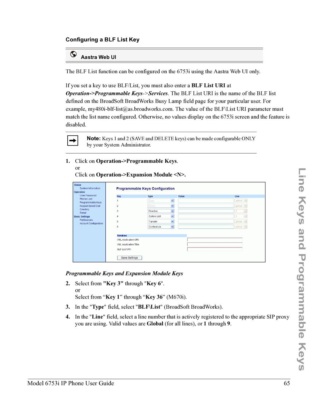 Aastra Telecom 6753I manual Configuring a BLF List Key 