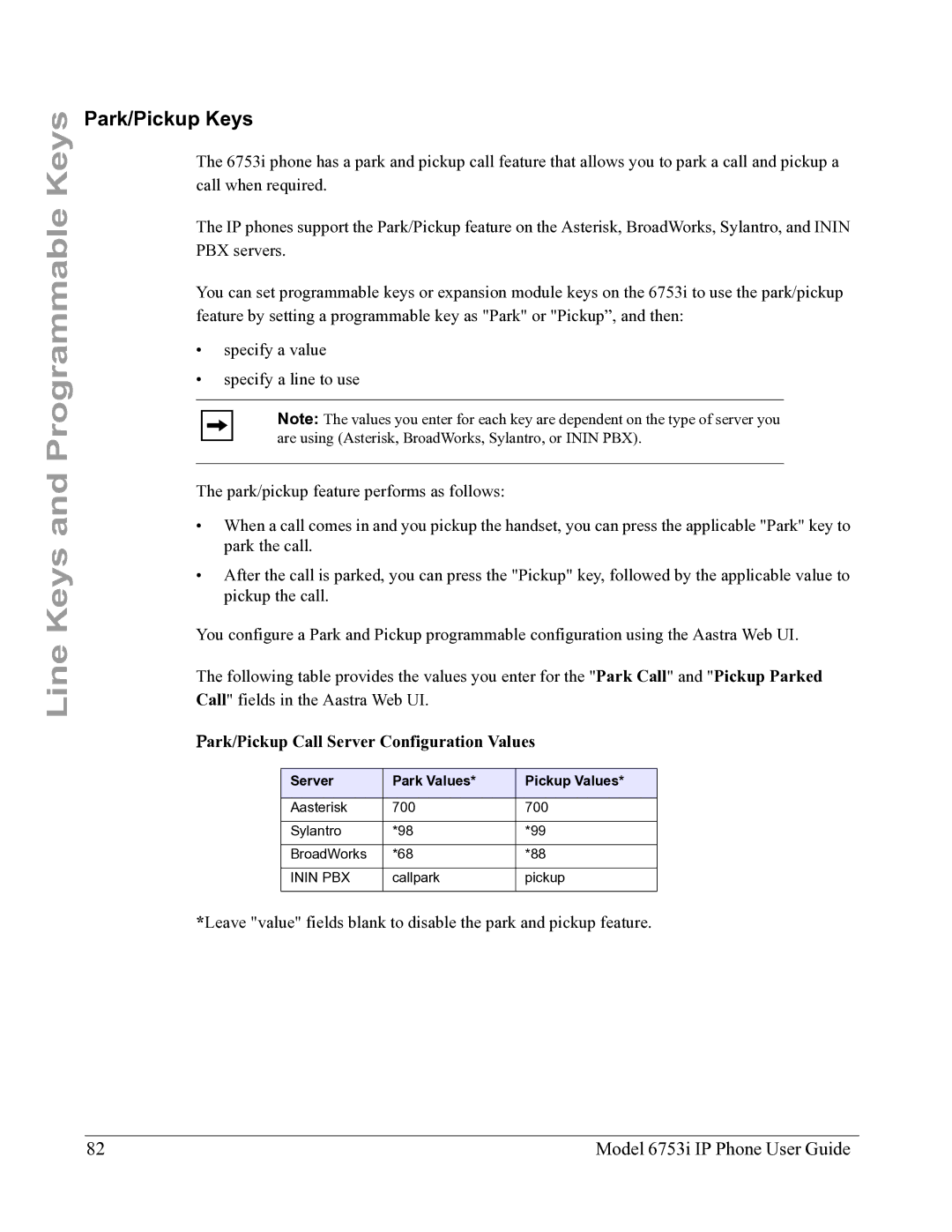 Aastra Telecom 6753I Park/Pickup Keys, Park/Pickup Call Server Configuration Values, Server Park Values Pickup Values 