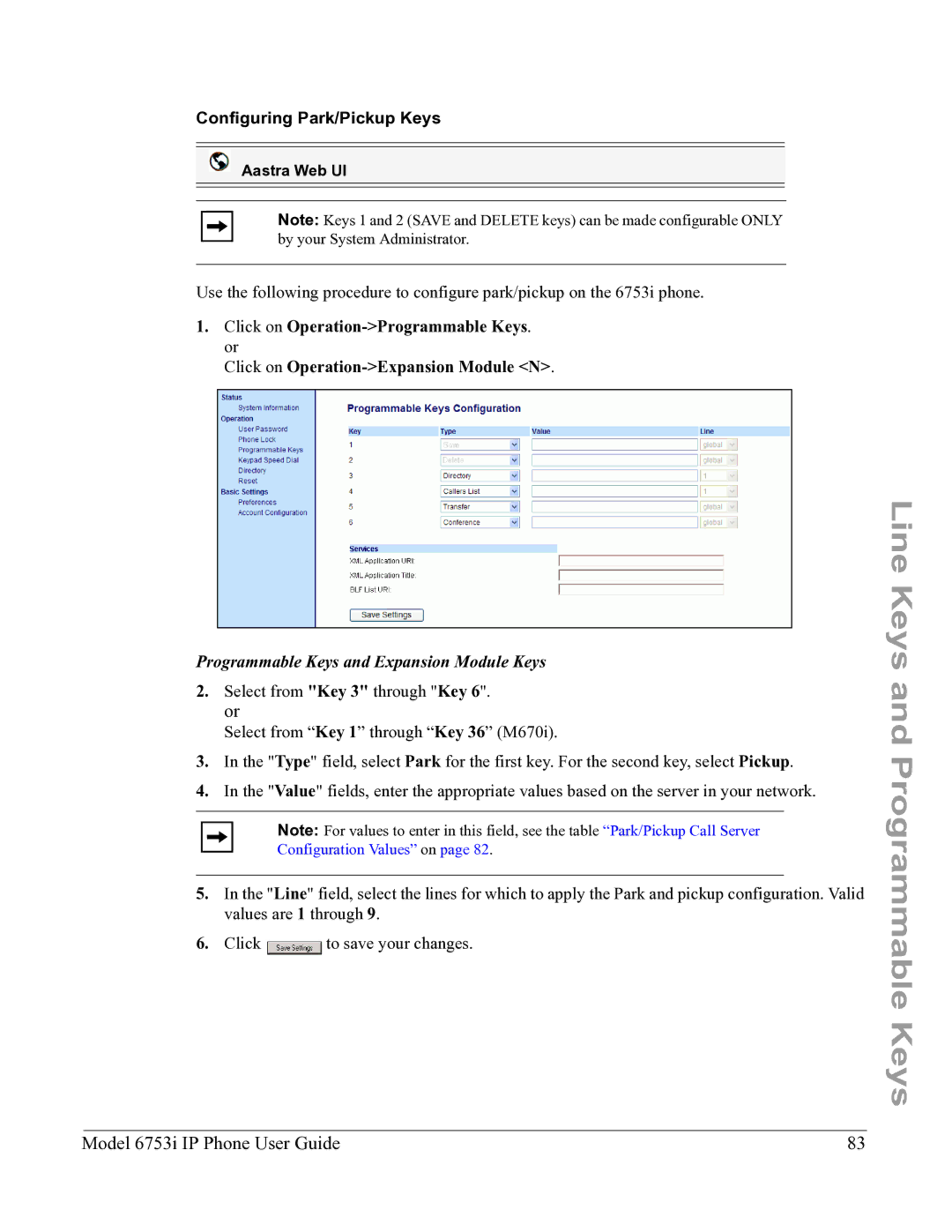Aastra Telecom 6753I manual Configuring Park/Pickup Keys 