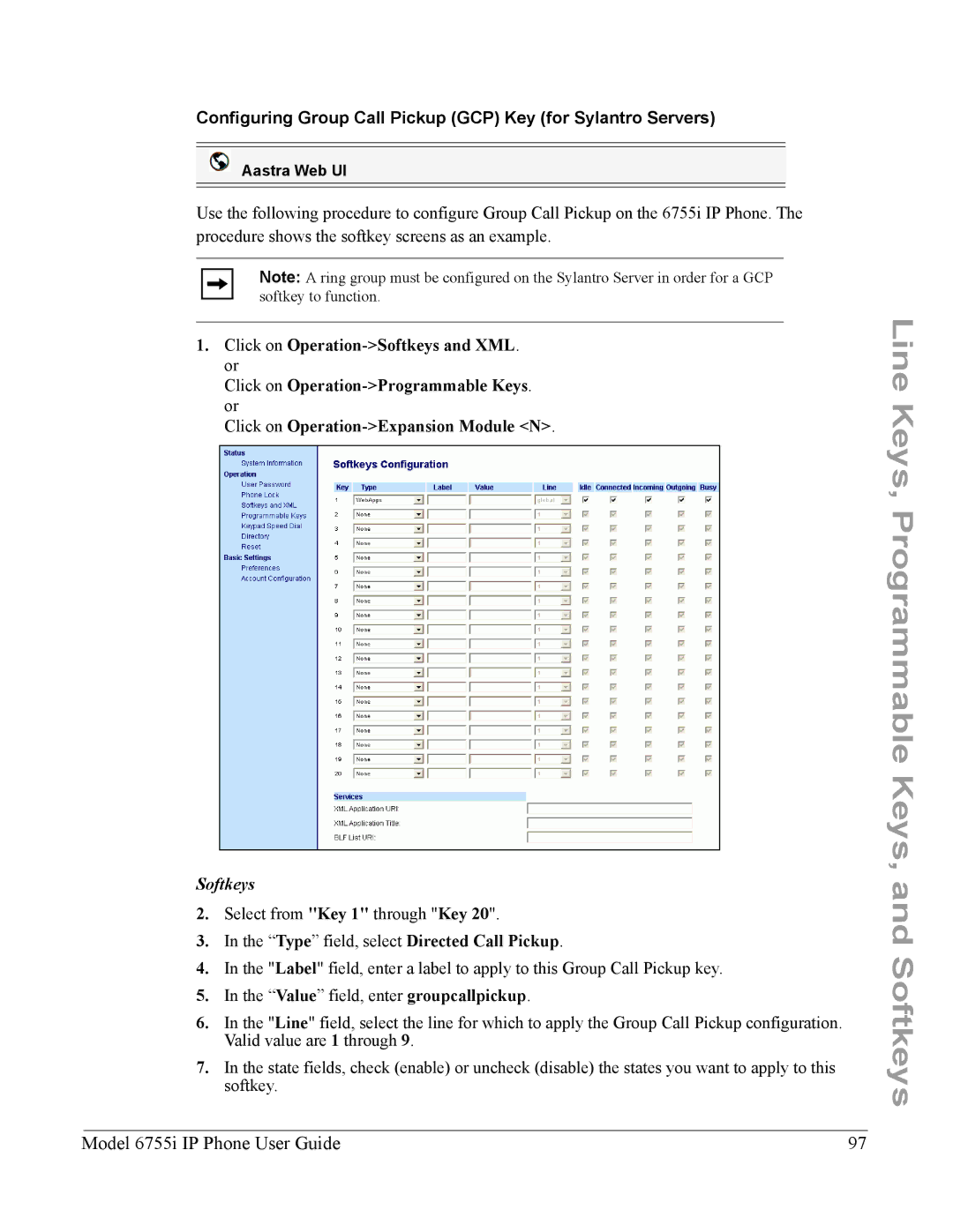 Aastra Telecom 6755i manual Configuring Group Call Pickup GCP Key for Sylantro Servers 