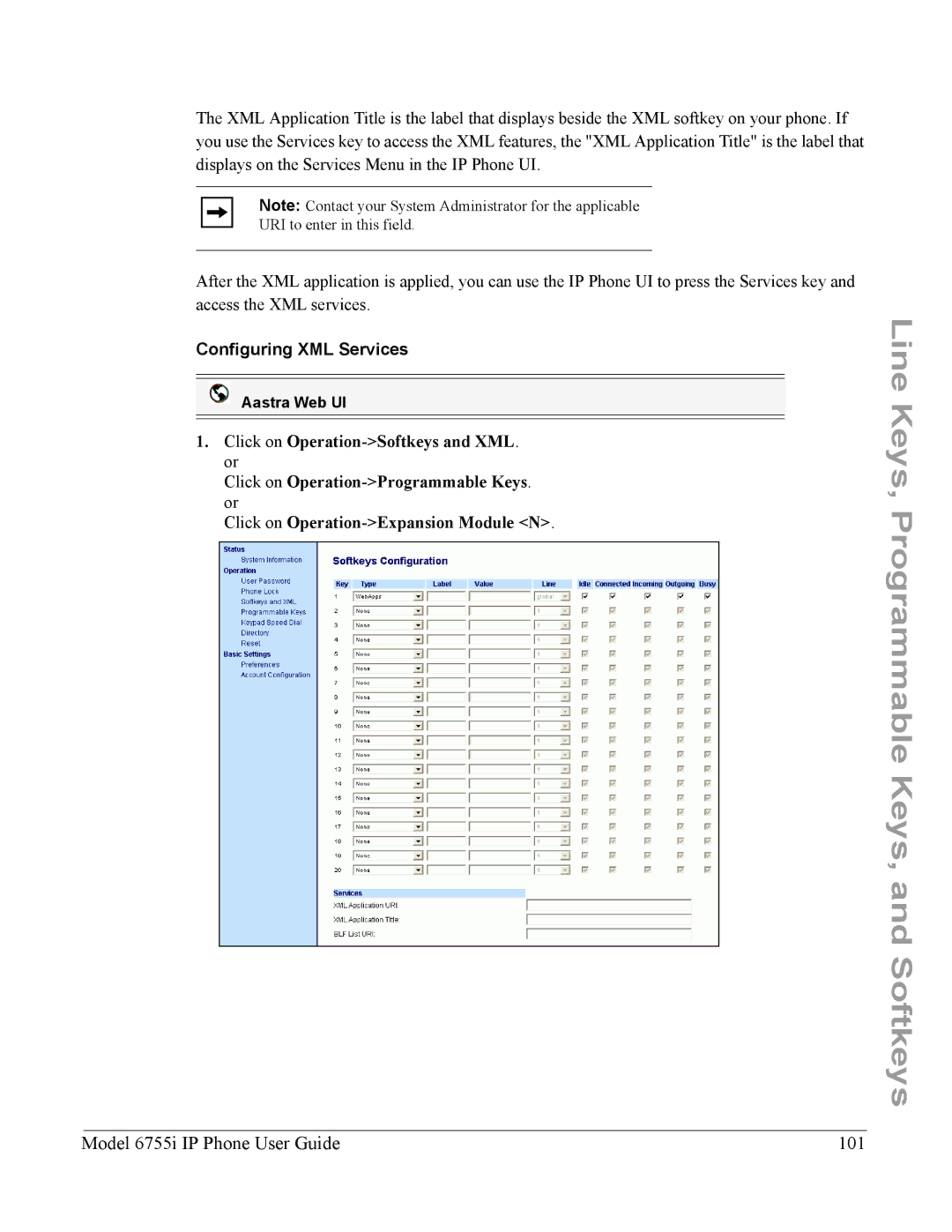 Aastra Telecom manual Model 6755i IP Phone User Guide 101, Configuring XML Services 