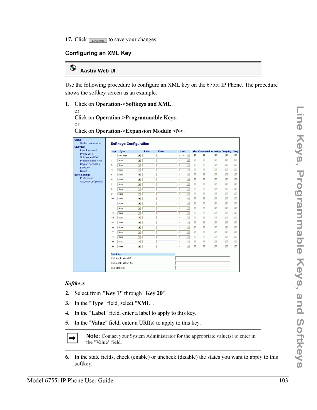 Aastra Telecom manual Model 6755i IP Phone User Guide 103, Configuring an XML Key 