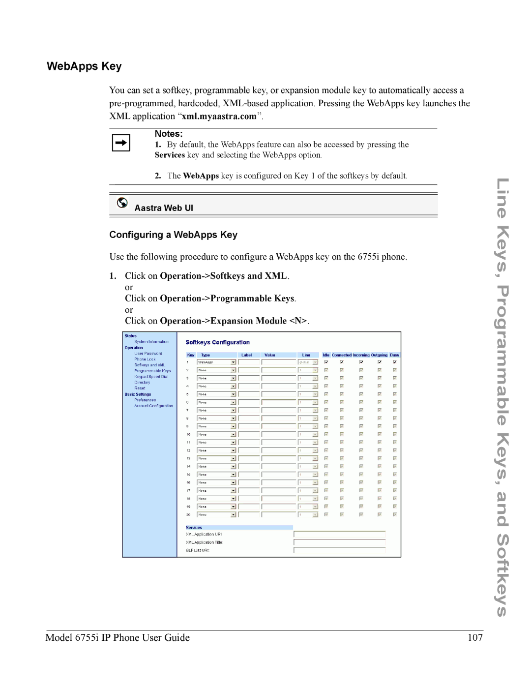 Aastra Telecom manual Model 6755i IP Phone User Guide 107, Configuring a WebApps Key 