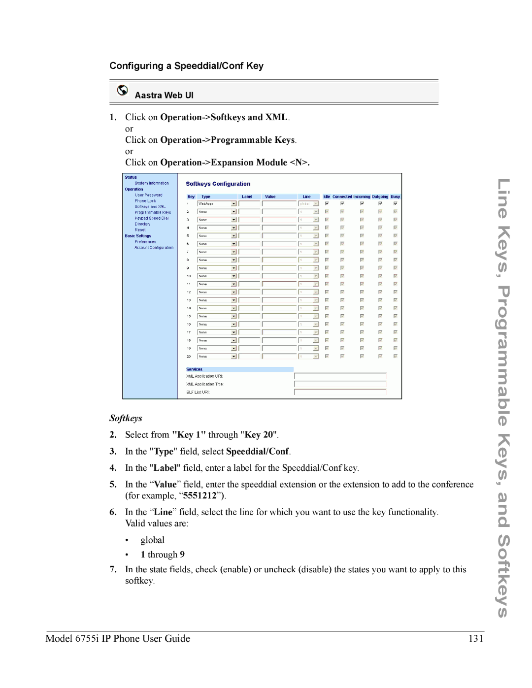 Aastra Telecom manual Model 6755i IP Phone User Guide 131, Configuring a Speeddial/Conf Key 