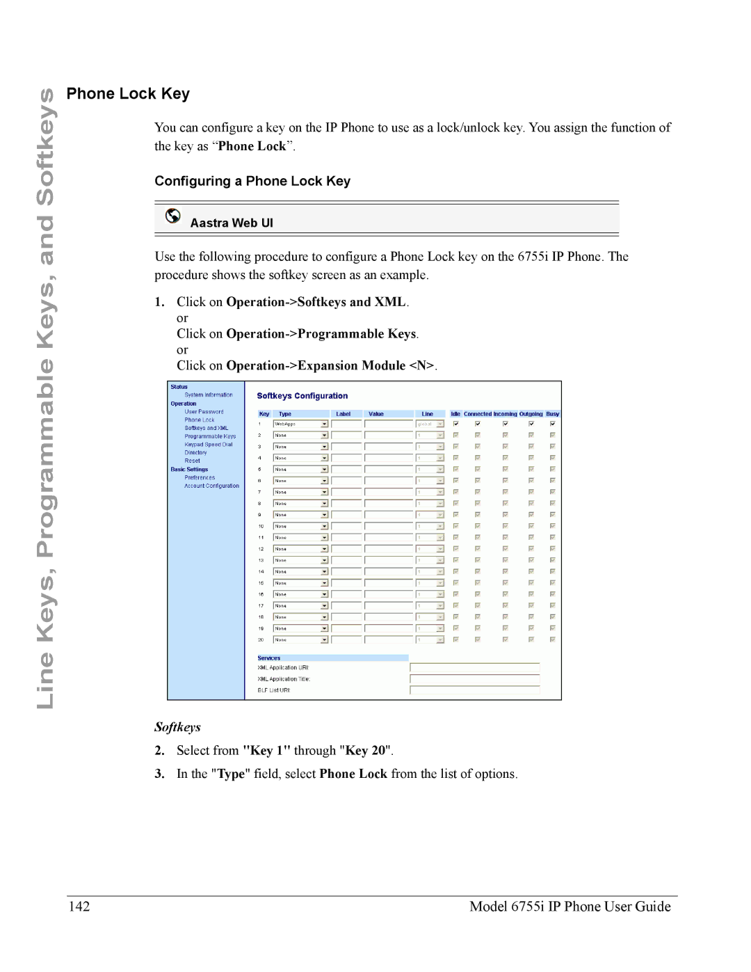 Aastra Telecom manual Model 6755i IP Phone User Guide, Configuring a Phone Lock Key 