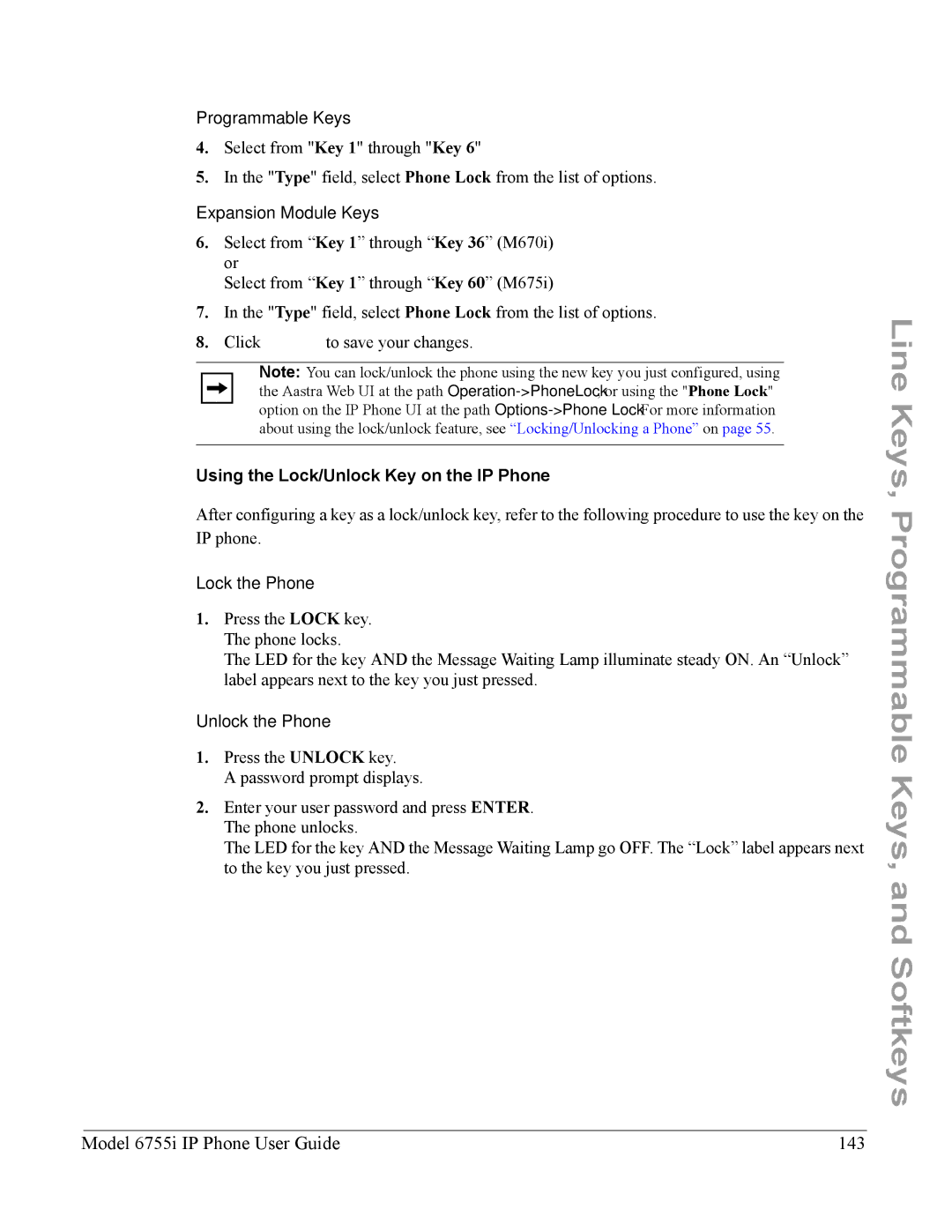 Aastra Telecom manual Model 6755i IP Phone User Guide 143, Using the Lock/Unlock Key on the IP Phone 