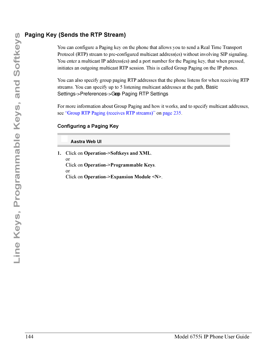 Aastra Telecom manual Paging Key Sends the RTP Stream, Model 6755i IP Phone User Guide, Configuring a Paging Key 