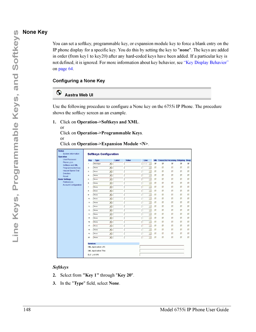 Aastra Telecom manual Model 6755i IP Phone User Guide, Configuring a None Key 