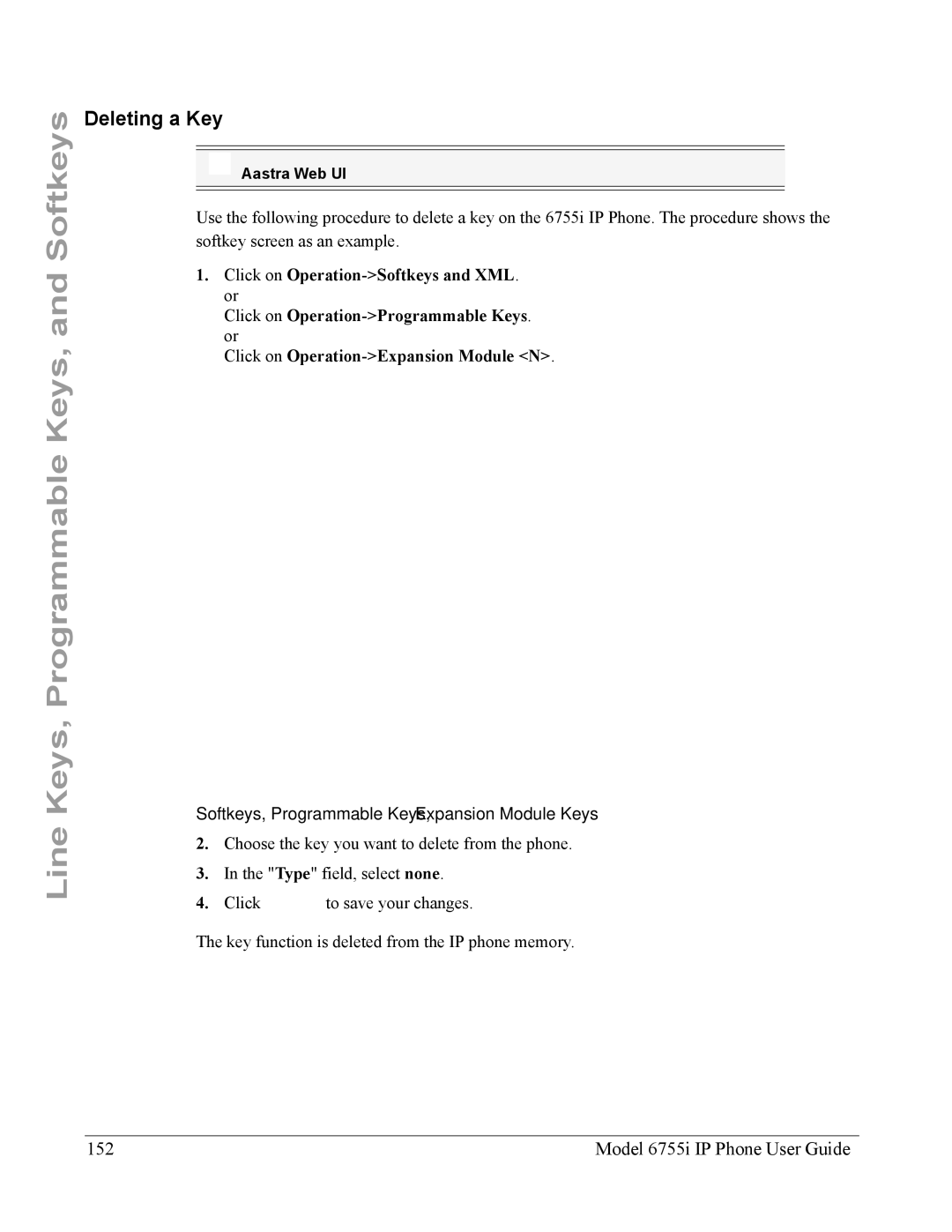 Aastra Telecom manual Deleting a Key, Model 6755i IP Phone User Guide 