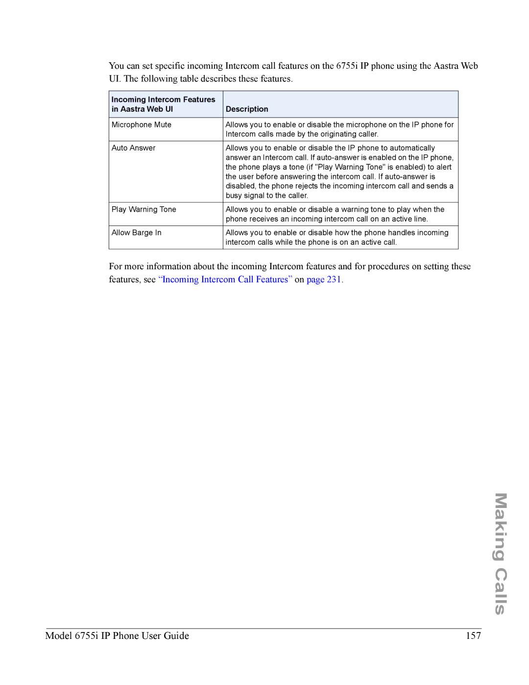 Aastra Telecom manual Model 6755i IP Phone User Guide 157, Incoming Intercom Features Description Aastra Web UI 