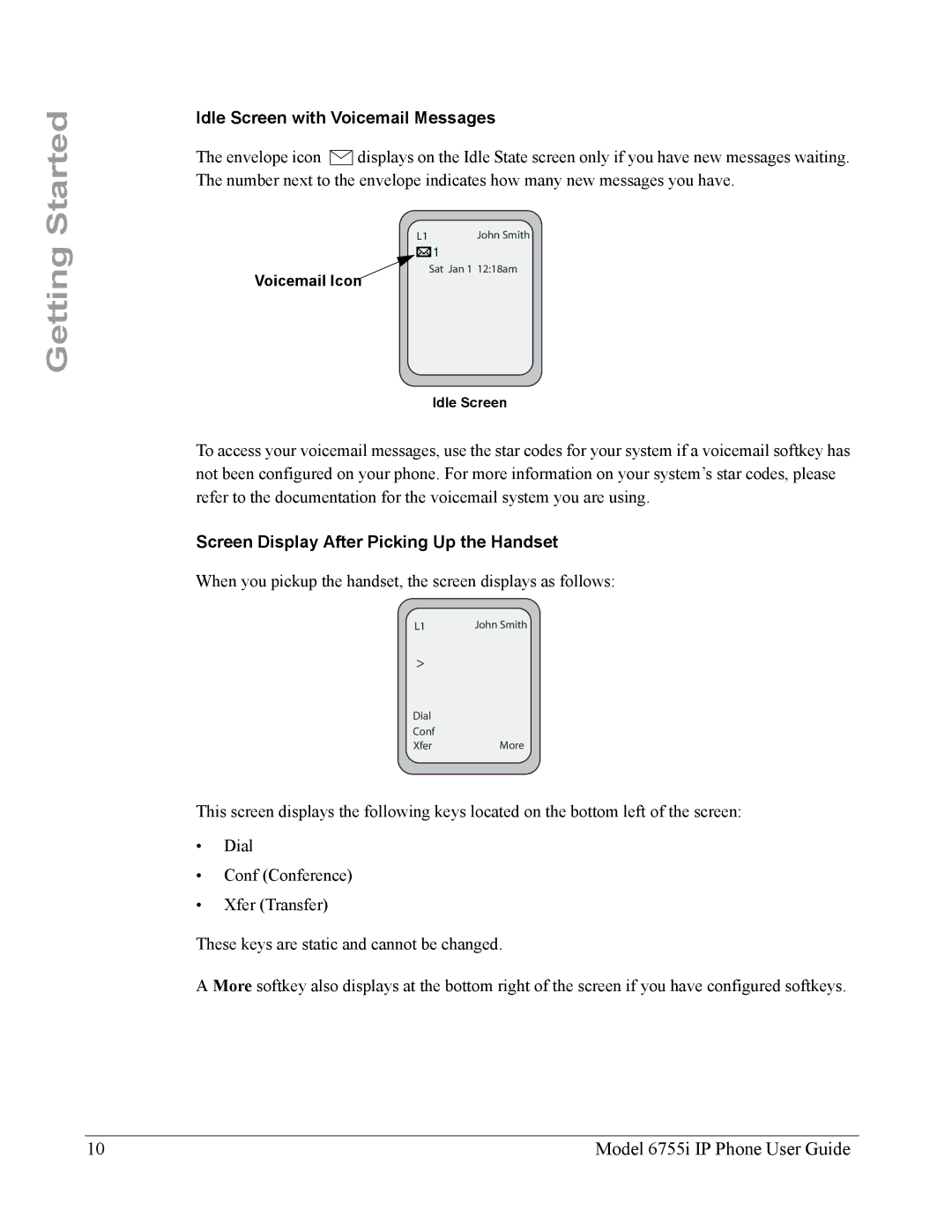 Aastra Telecom 6755i manual Idle Screen with Voicemail Messages, Screen Display After Picking Up the Handset 