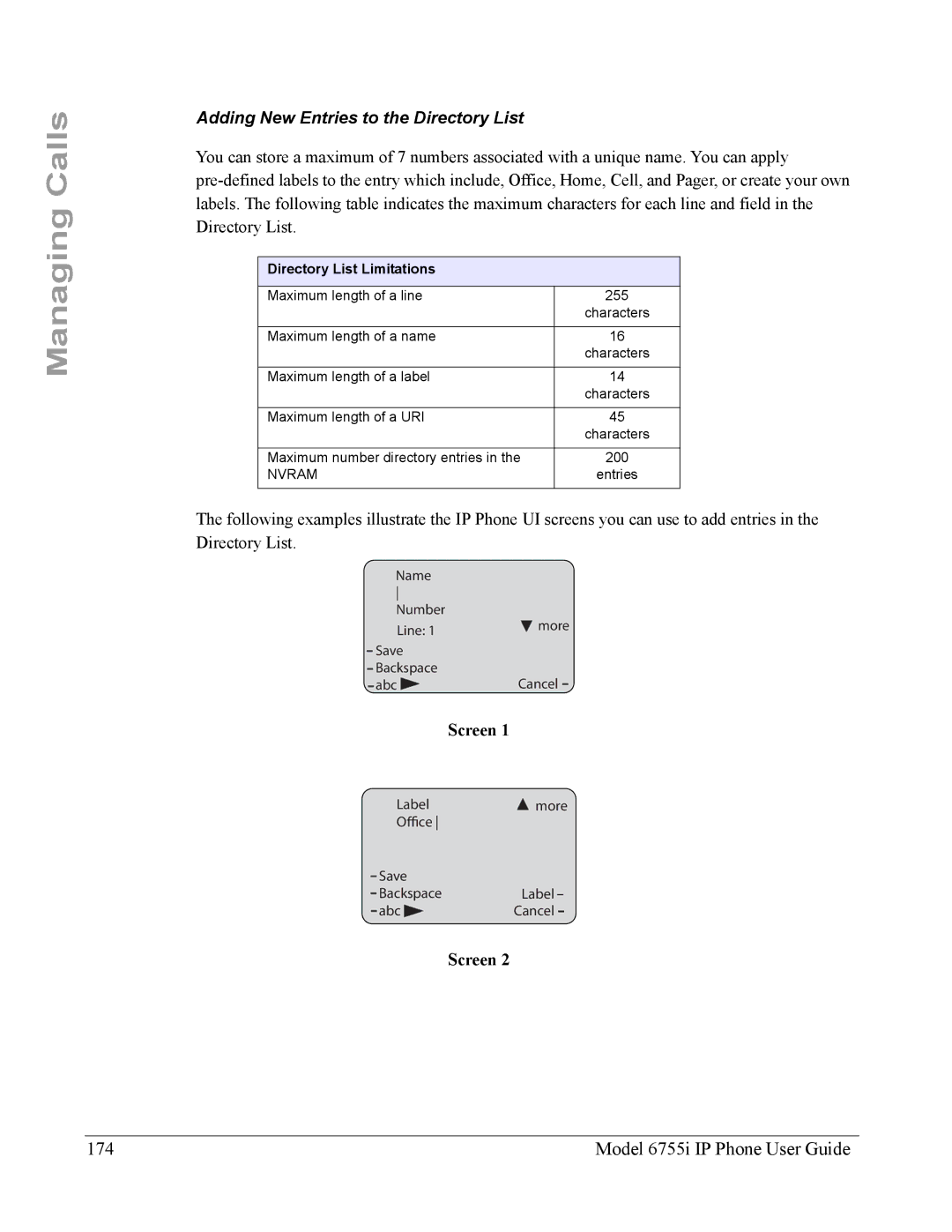 Aastra Telecom manual Model 6755i IP Phone User Guide, Adding New Entries to the Directory List, Screen 