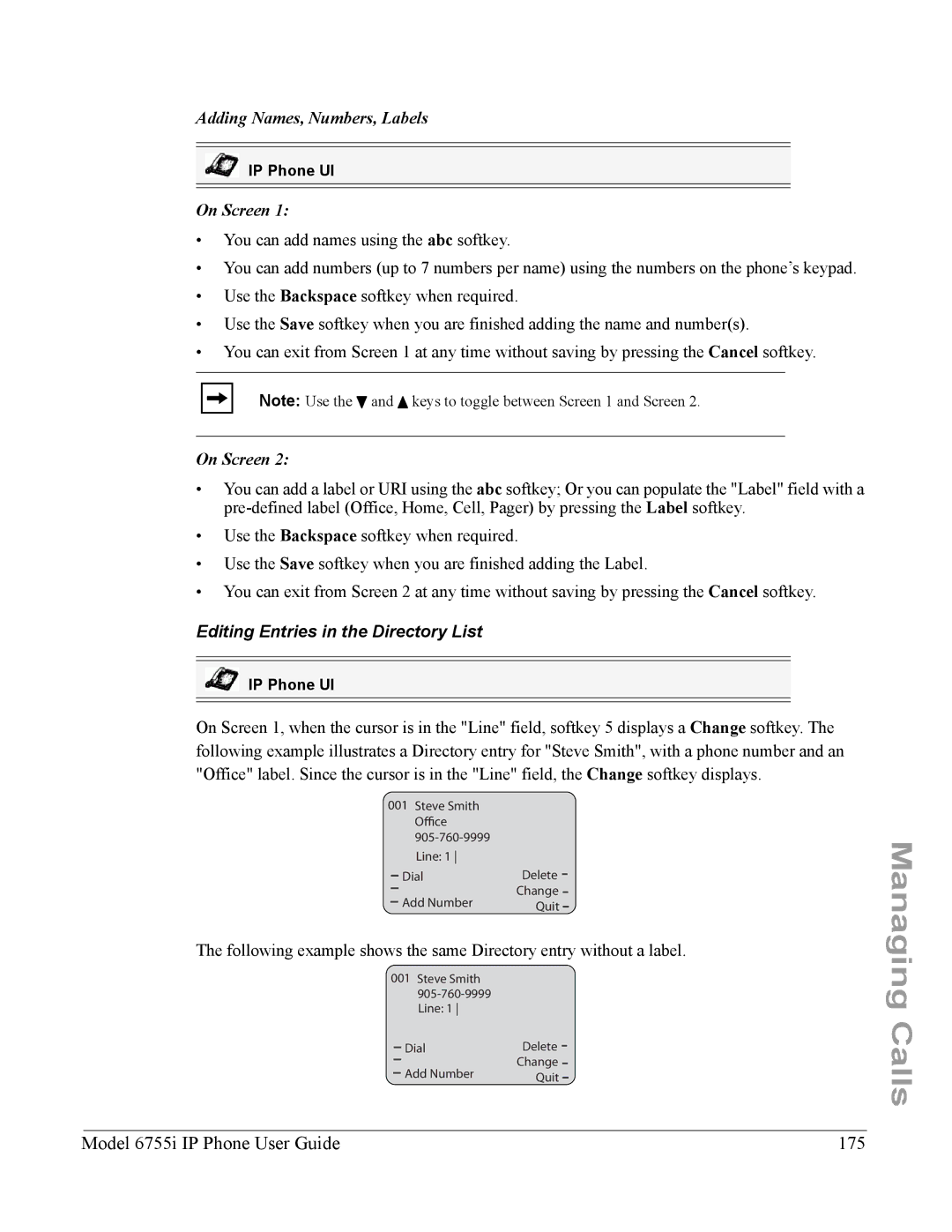 Aastra Telecom manual Model 6755i IP Phone User Guide 175, Editing Entries in the Directory List 