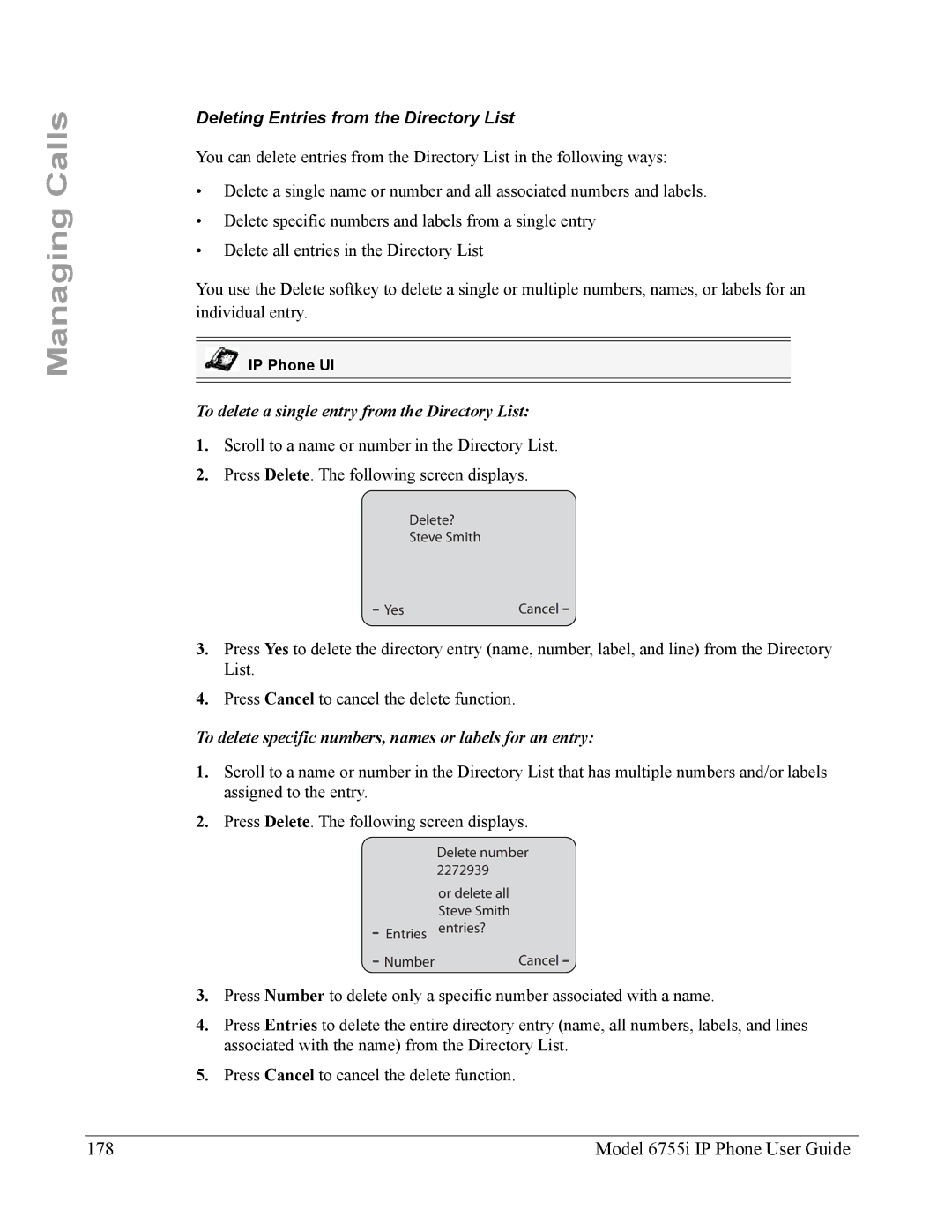 Aastra Telecom manual Model 6755i IP Phone User Guide, Deleting Entries from the Directory List 