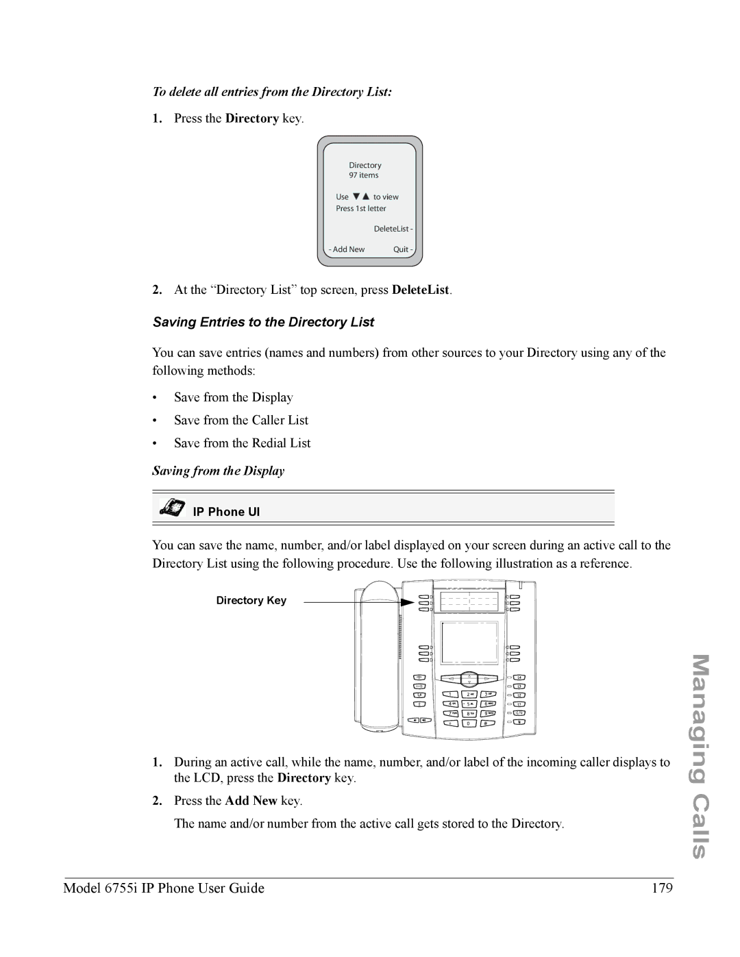 Aastra Telecom manual Model 6755i IP Phone User Guide 179, Saving Entries to the Directory List 