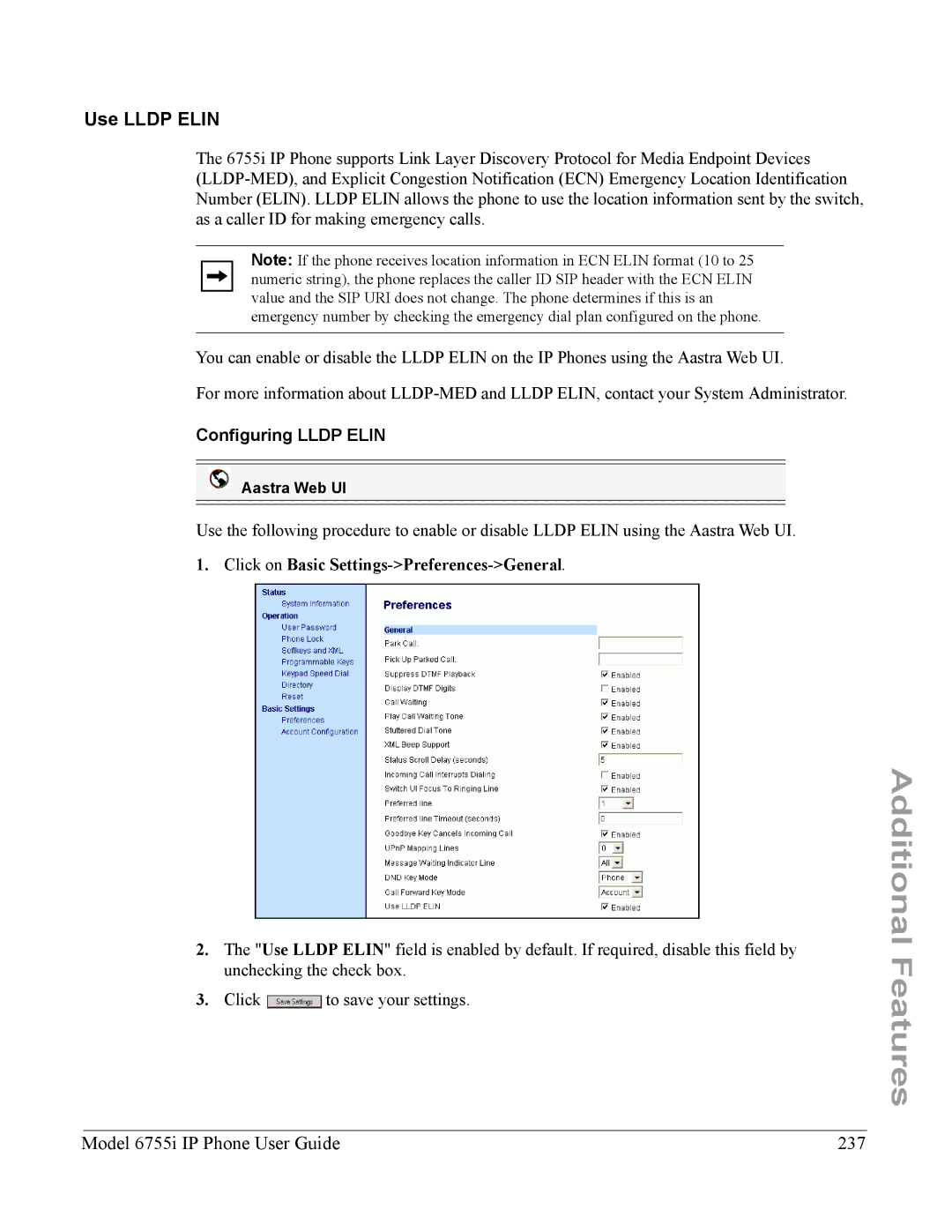 Aastra Telecom manual Model 6755i IP Phone User Guide 237, Configuring Lldp Elin 