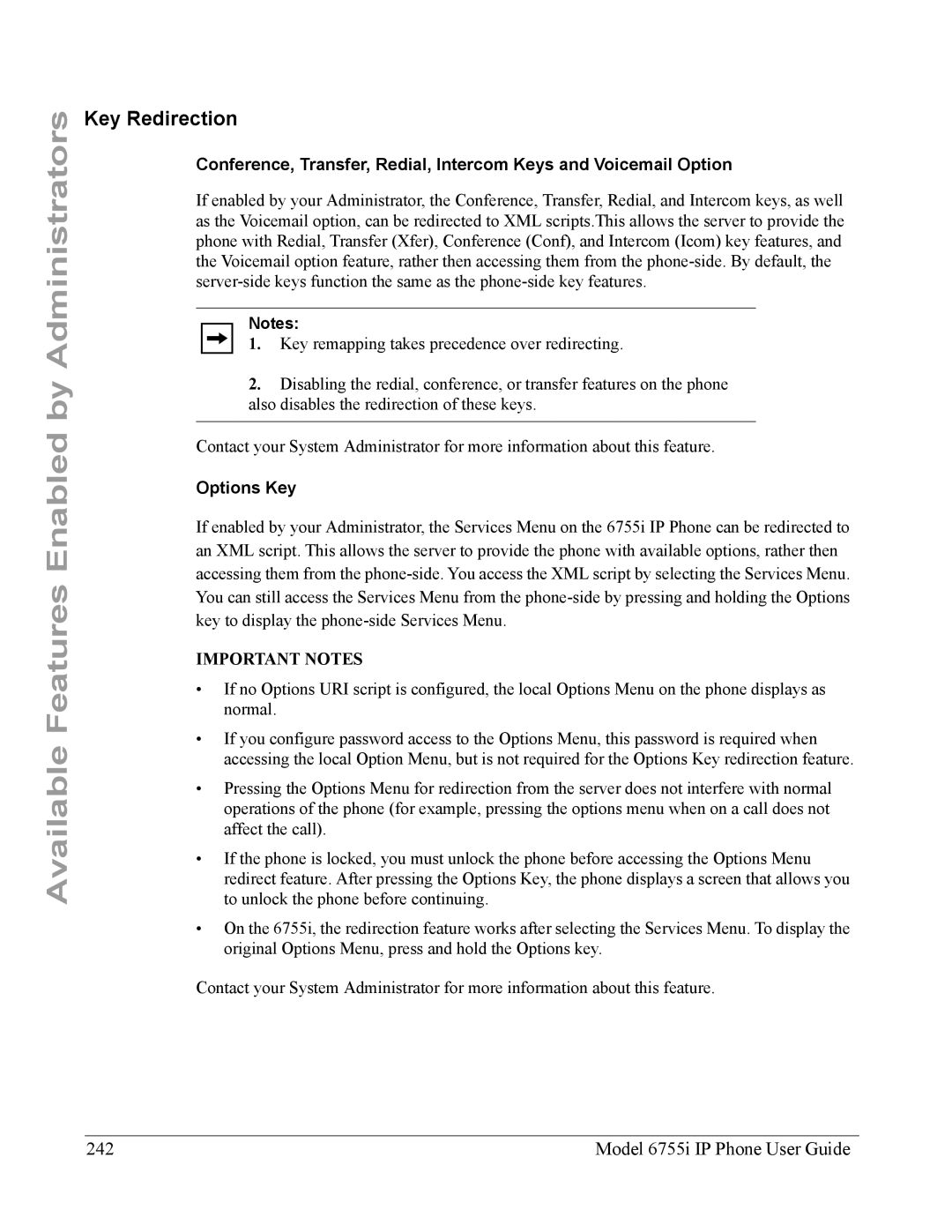 Aastra Telecom manual Key Redirection, Model 6755i IP Phone User Guide, Options Key 