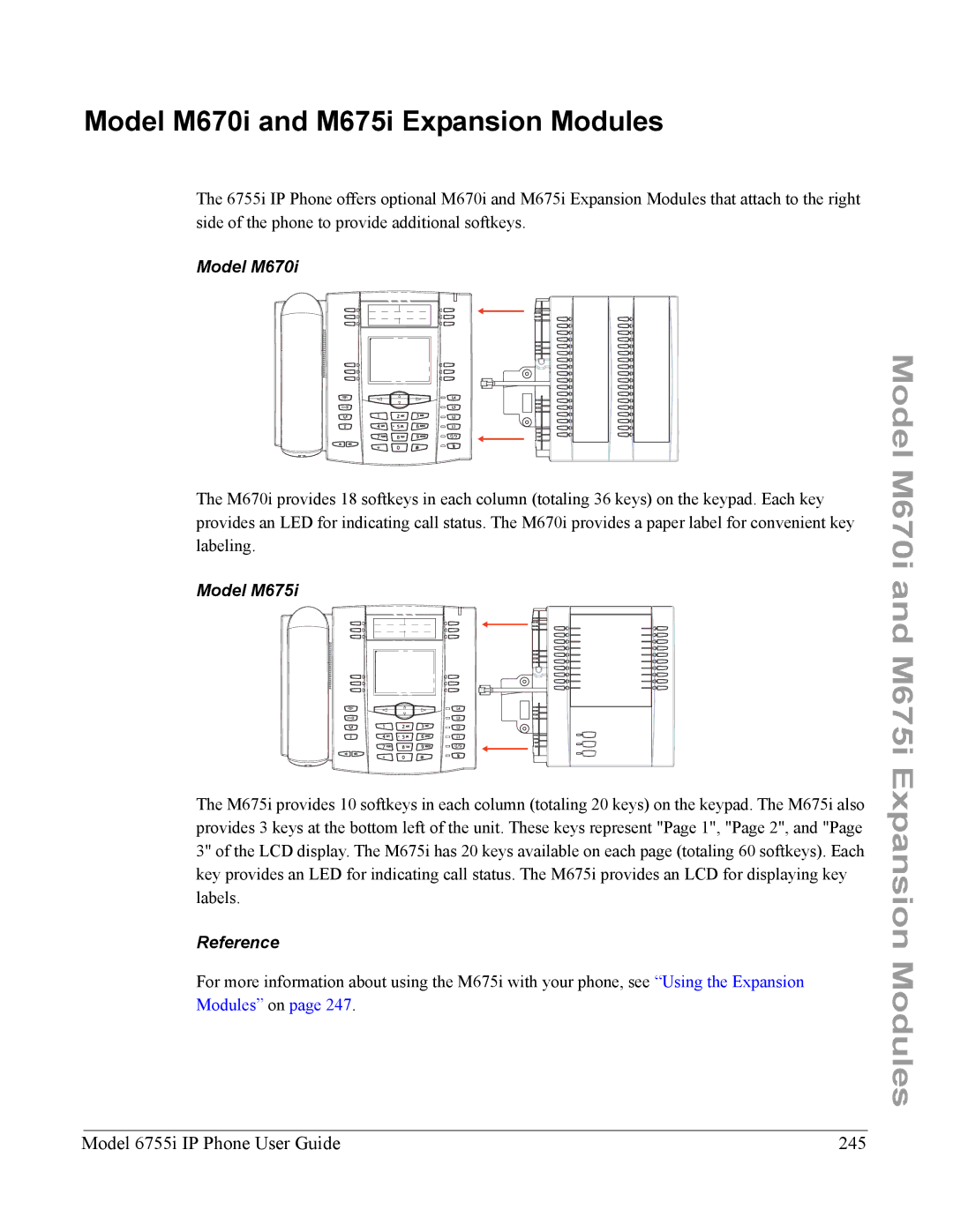 Aastra Telecom manual Model M670i and M675i Expansion Modules, Model 6755i IP Phone User Guide 245, Model M675i 