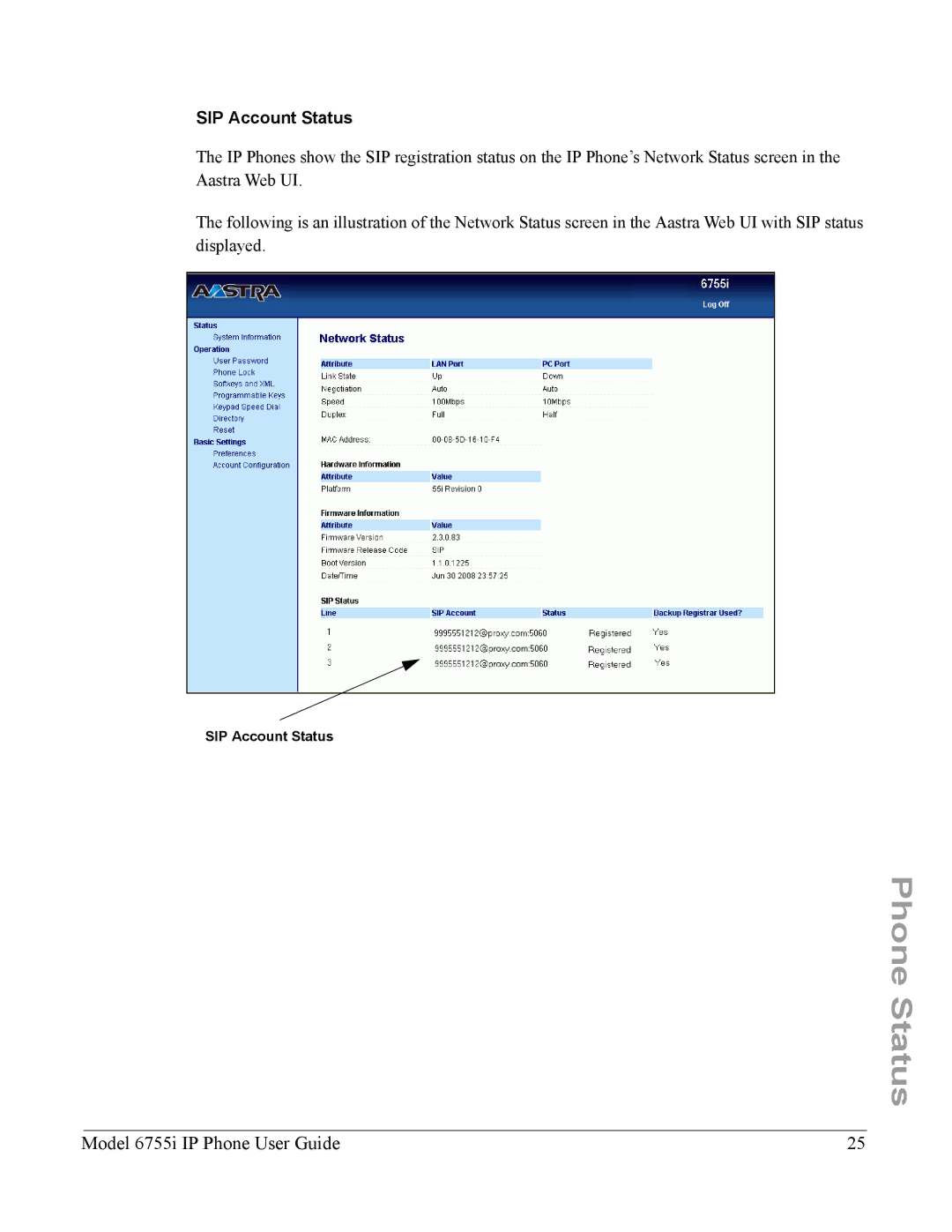 Aastra Telecom 6755i manual SIP Account Status 