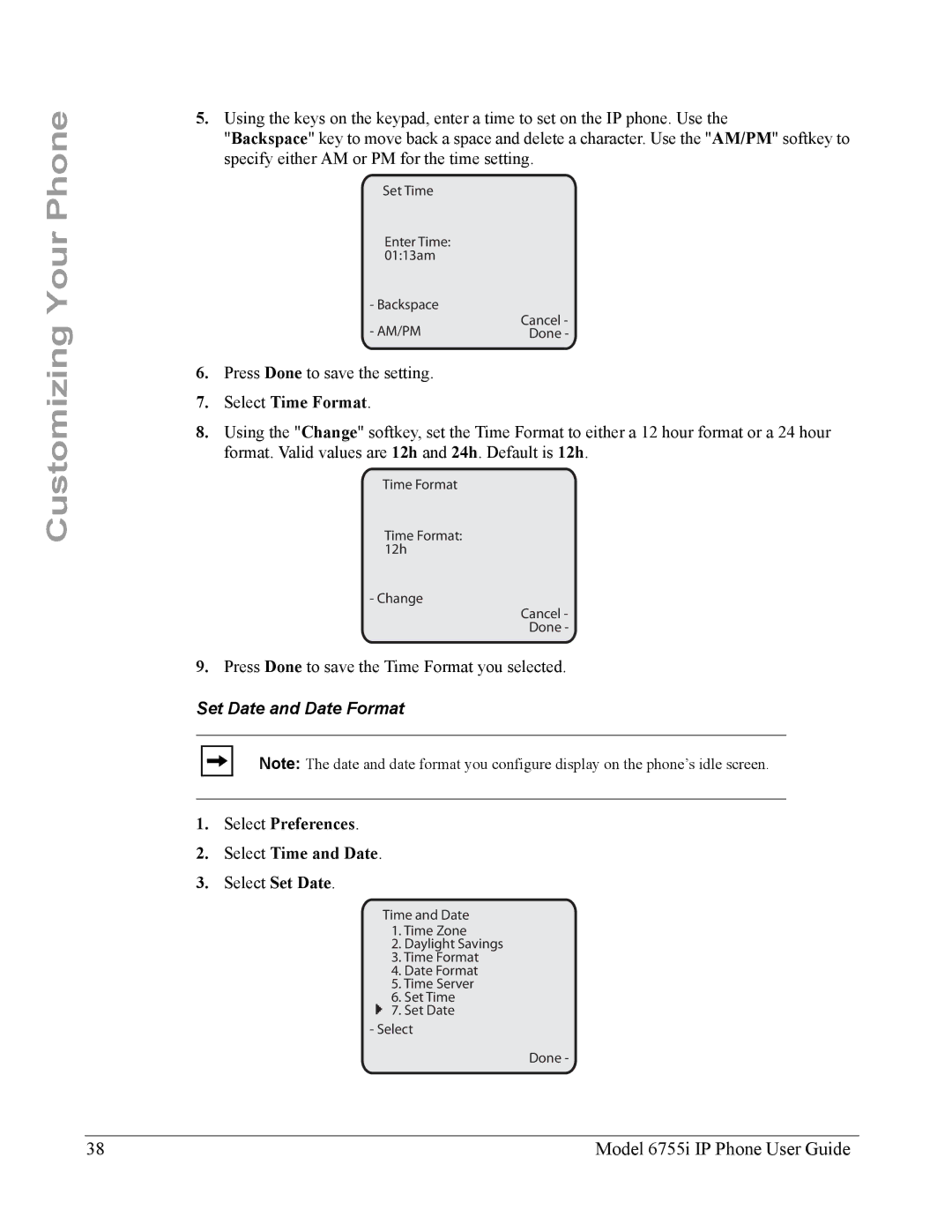 Aastra Telecom 6755i manual Select Time Format, Set Date and Date Format, Select Preferences Select Time and Date 