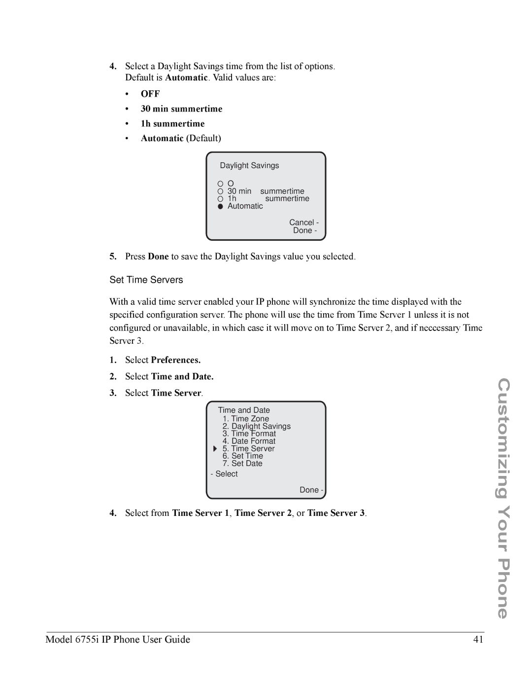 Aastra Telecom 6755i manual Min summertime 1h summertime Automatic Default, Set Time Servers 