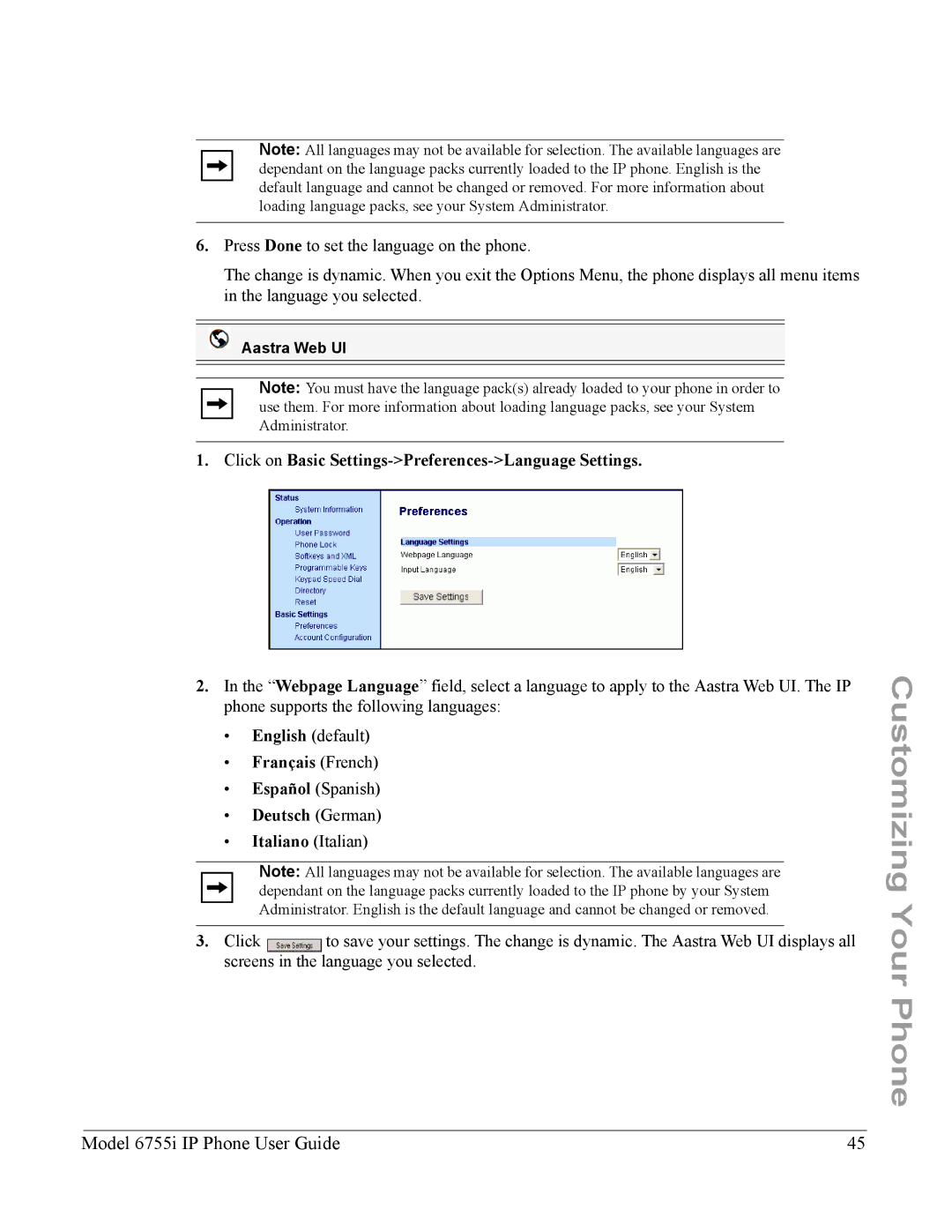 Aastra Telecom 6755i manual Click on Basic Settings-Preferences-Language Settings 