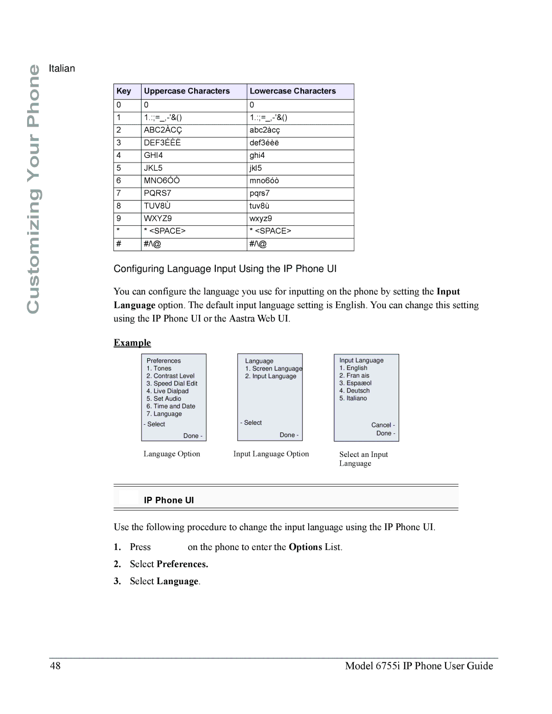 Aastra Telecom 6755i manual Italian, Configuring Language Input Using the IP Phone UI, Example 