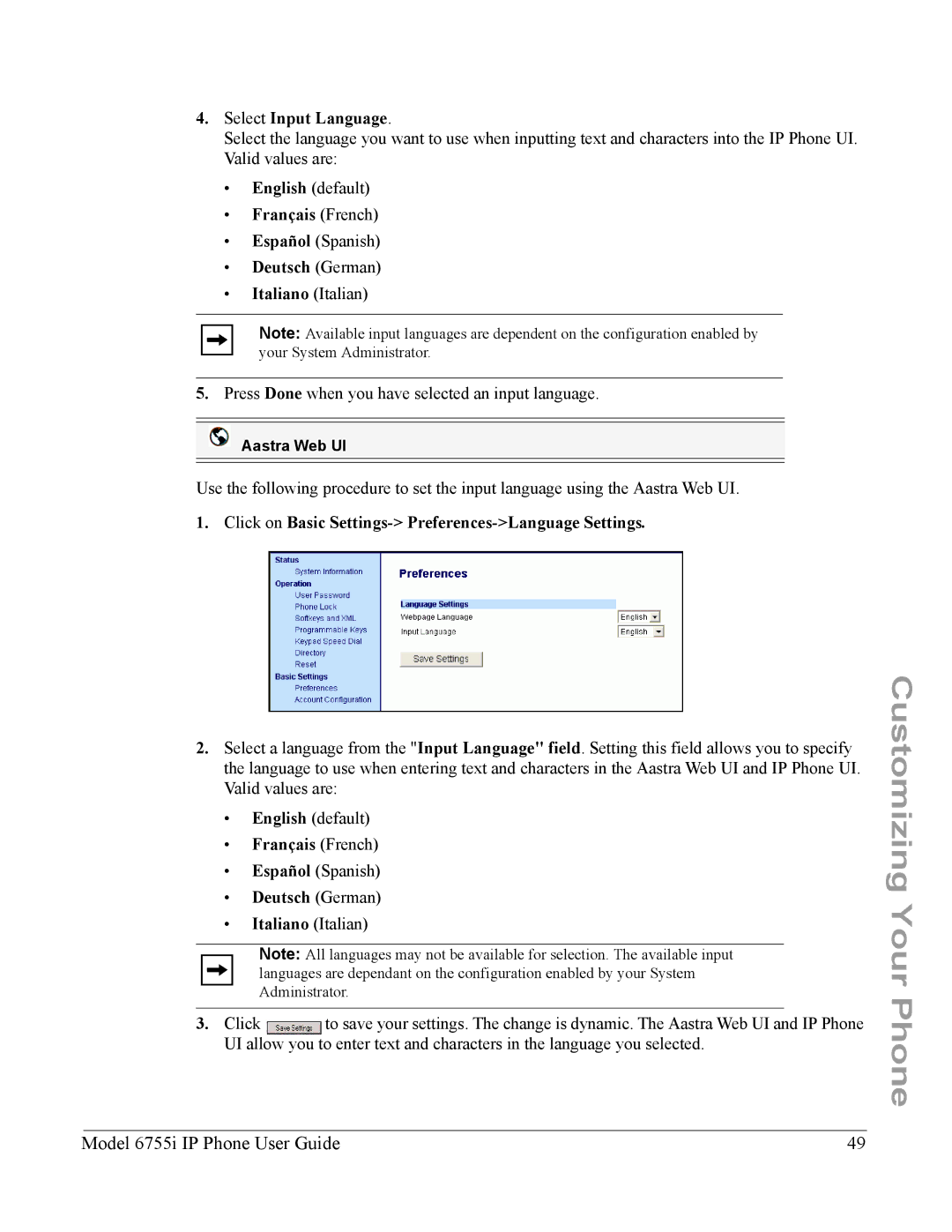 Aastra Telecom 6755i manual Select Input Language, Click on Basic Settings- Preferences-Language Settings 