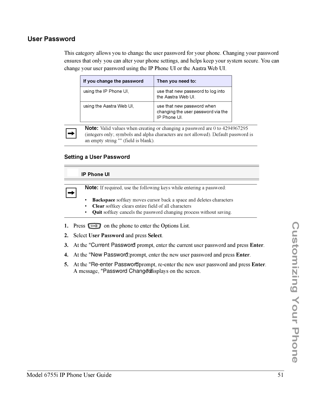 Aastra Telecom 6755i manual Setting a User Password, Select User Password and press Select 