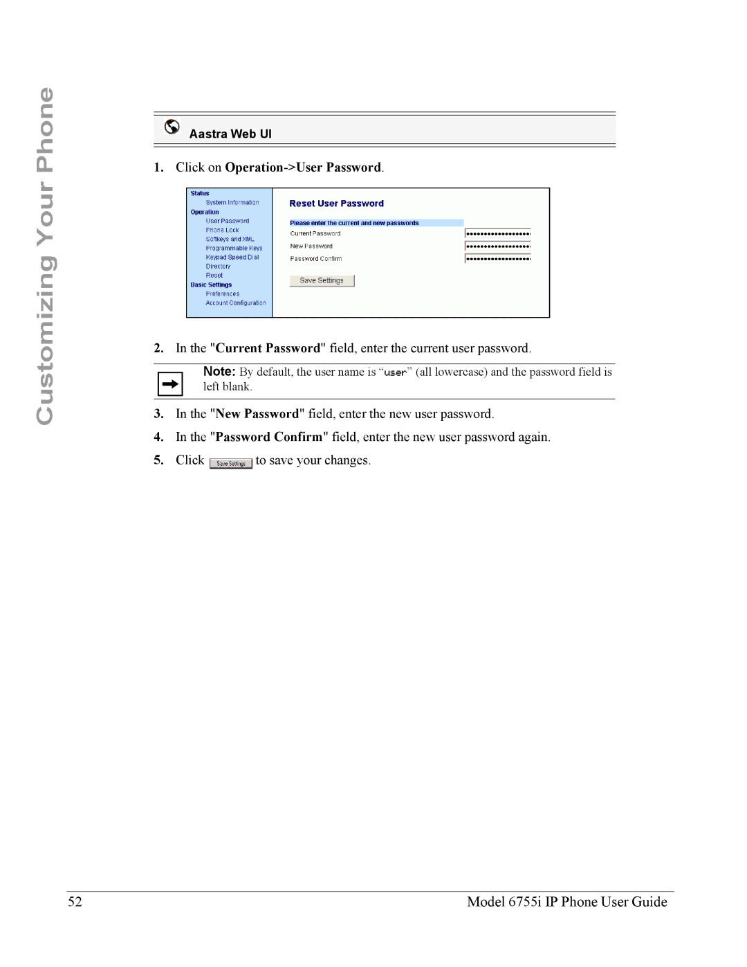 Aastra Telecom 6755i manual Click on Operation-User Password 