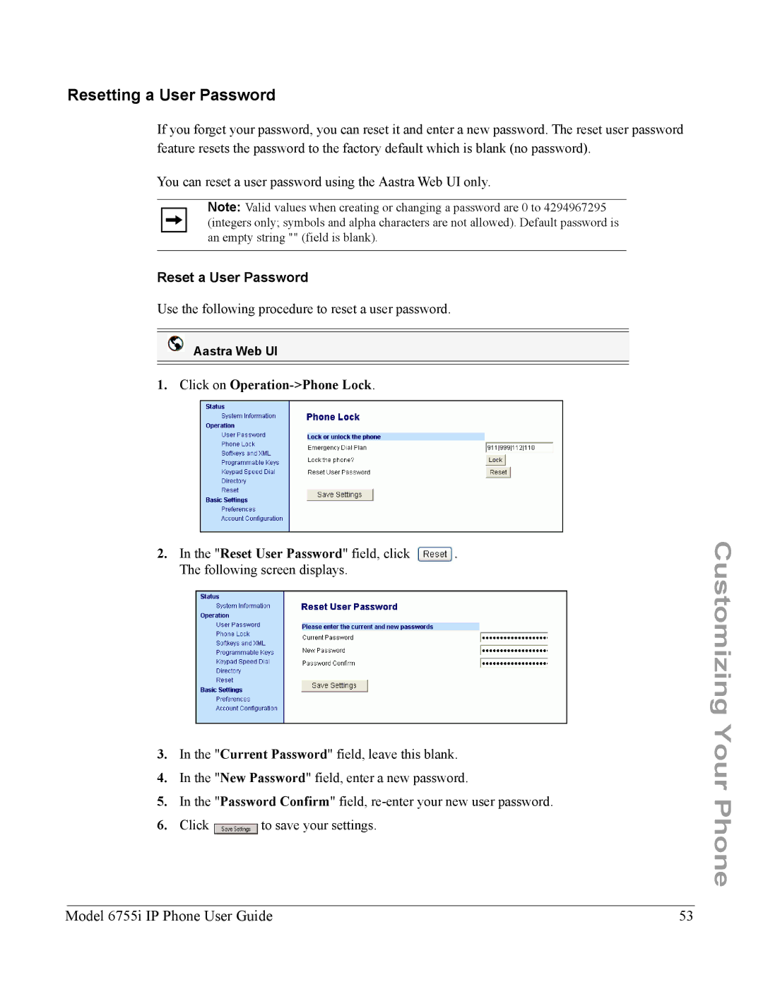 Aastra Telecom 6755i manual Resetting a User Password, Reset a User Password 