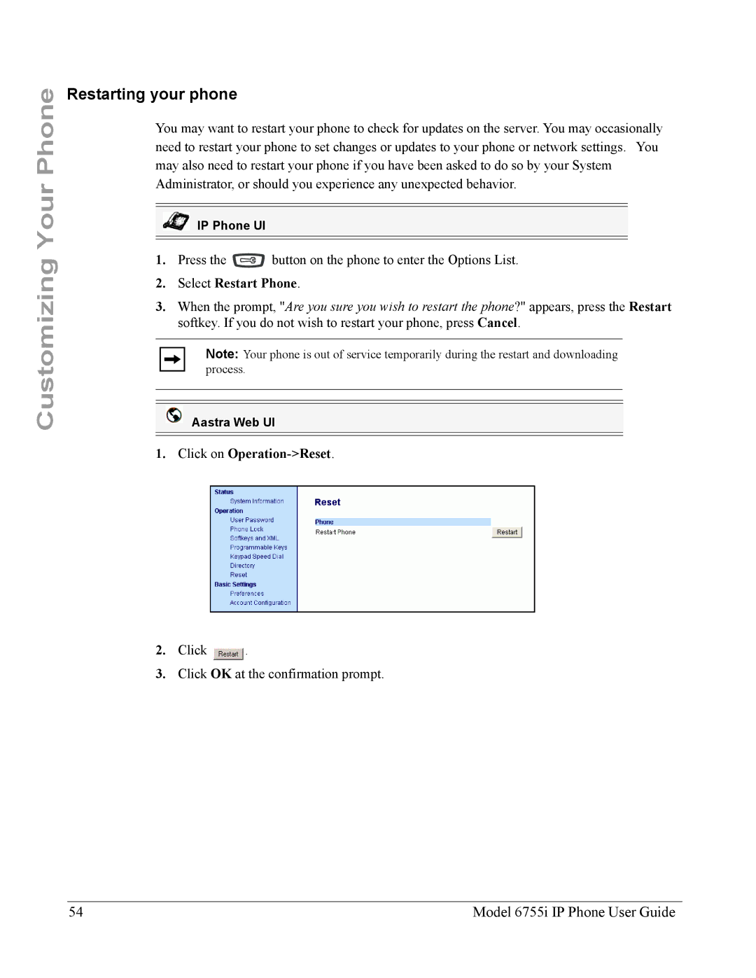 Aastra Telecom 6755i manual Restarting your phone, Select Restart Phone, Click on Operation-Reset 