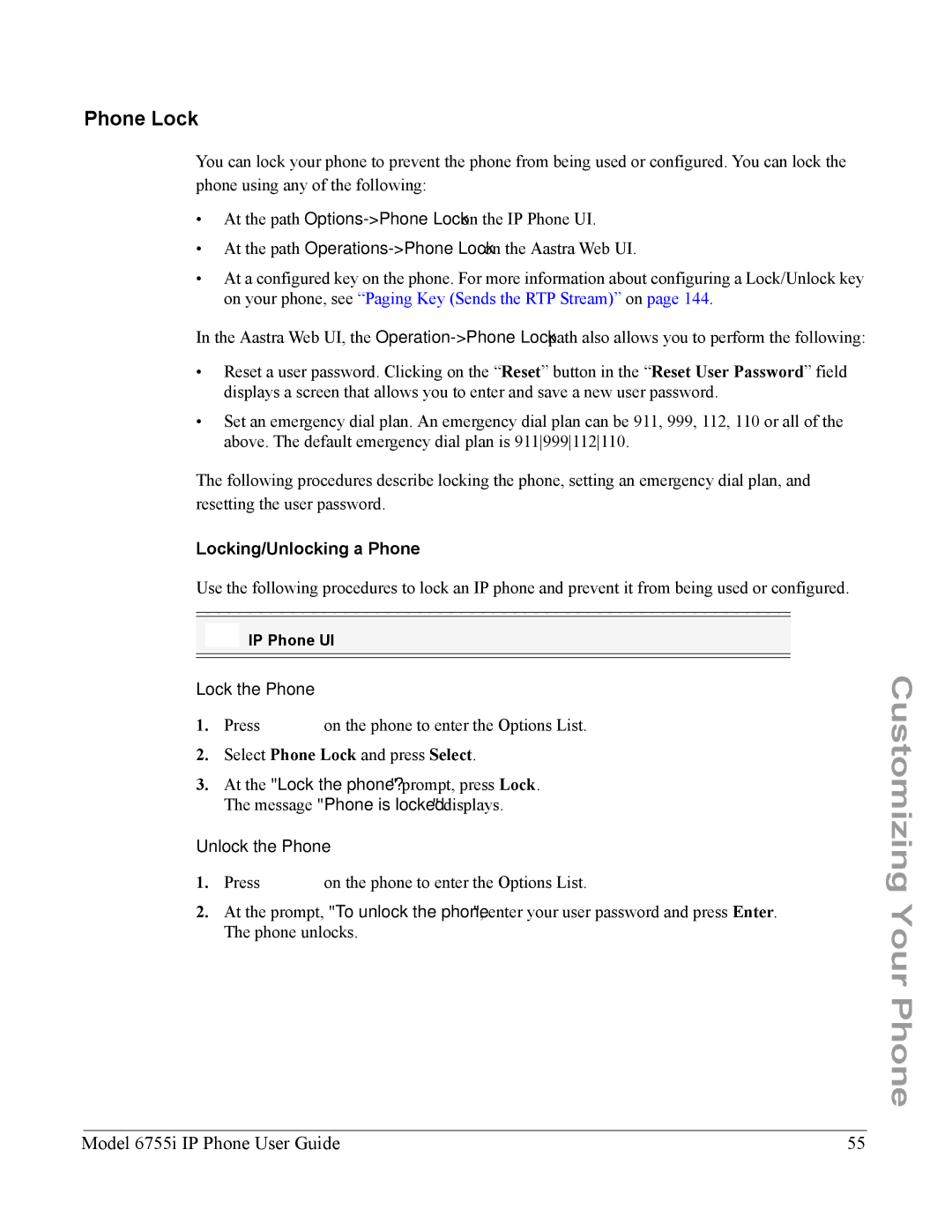 Aastra Telecom 6755i manual Phone Lock, Locking/Unlocking a Phone, Lock the Phone, Unlock the Phone 