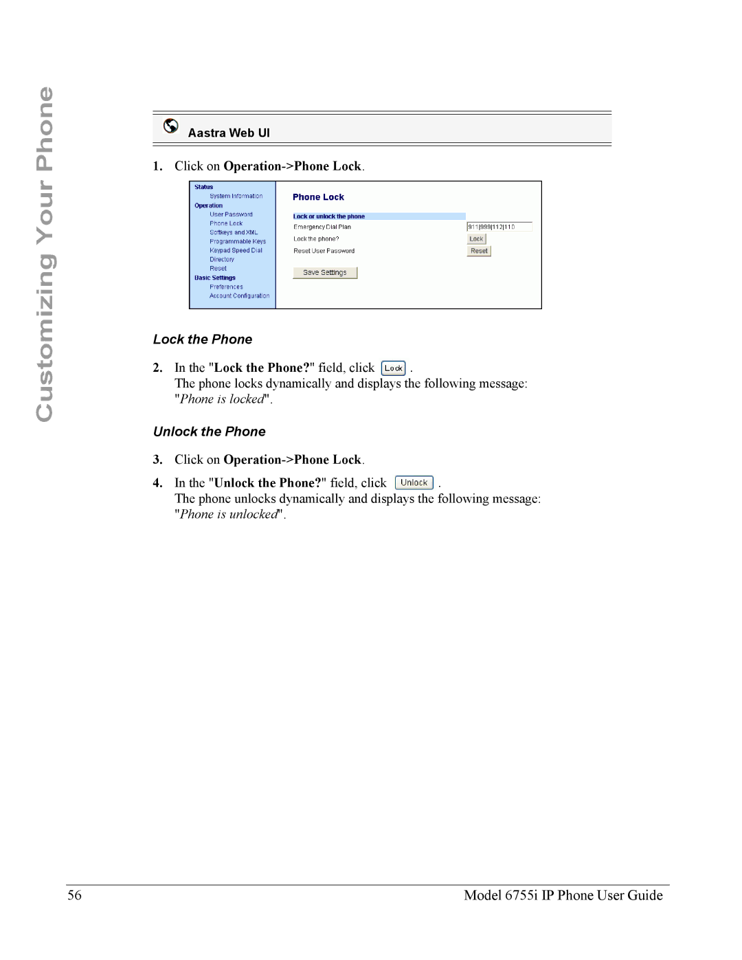 Aastra Telecom 6755i manual Click on Operation-Phone Lock, Lock the Phone? field, click 