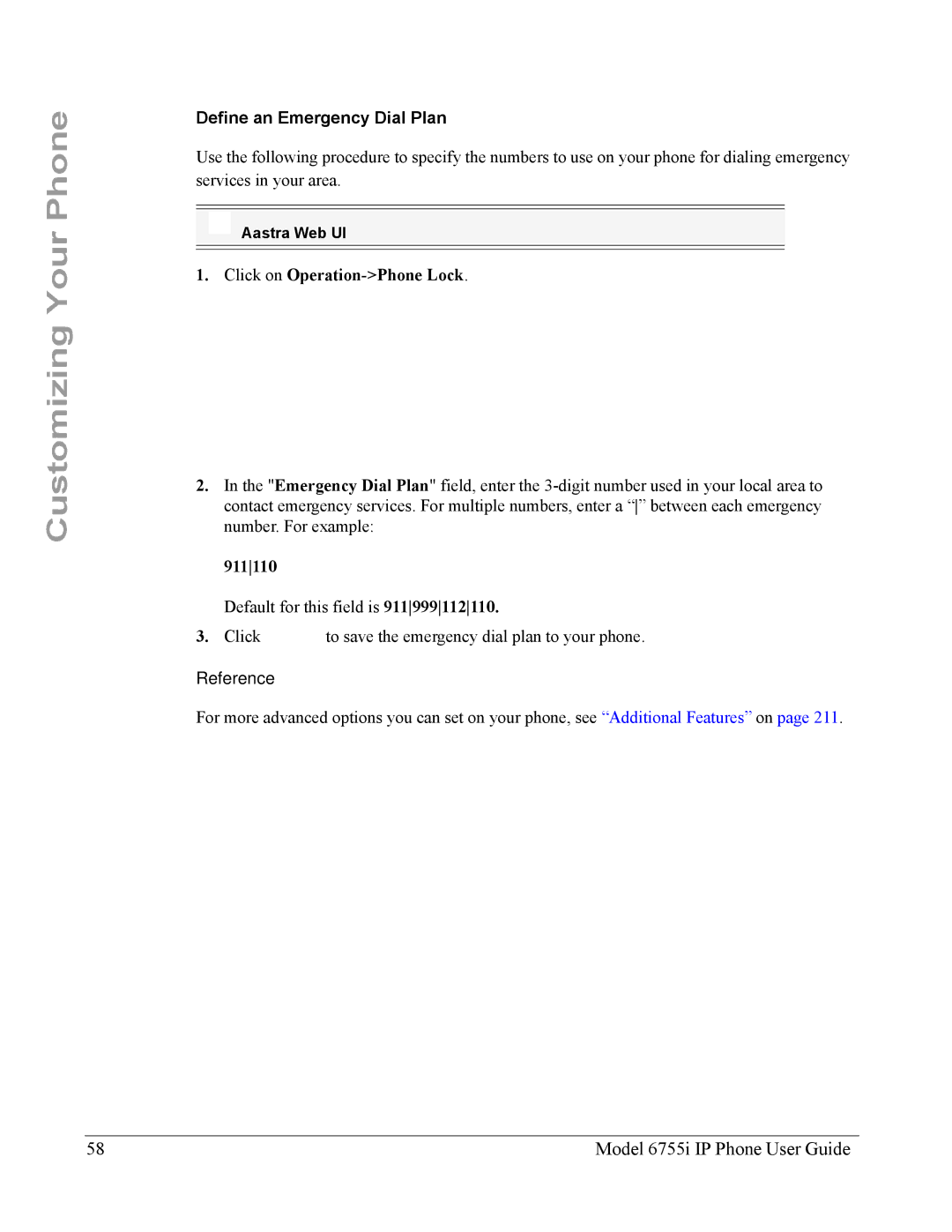 Aastra Telecom 6755i manual Define an Emergency Dial Plan, 911110 