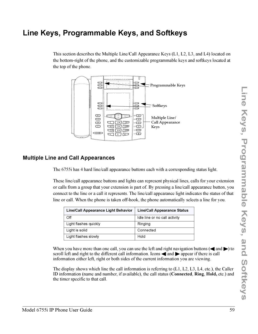 Aastra Telecom 6755i manual Line Keys, Programmable Keys, and Softkeys, Multiple Line and Call Appearances 