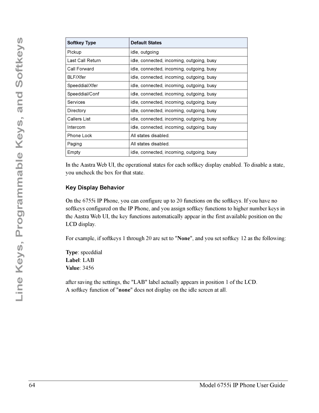 Aastra Telecom 6755i manual Key Display Behavior, Label LAB 