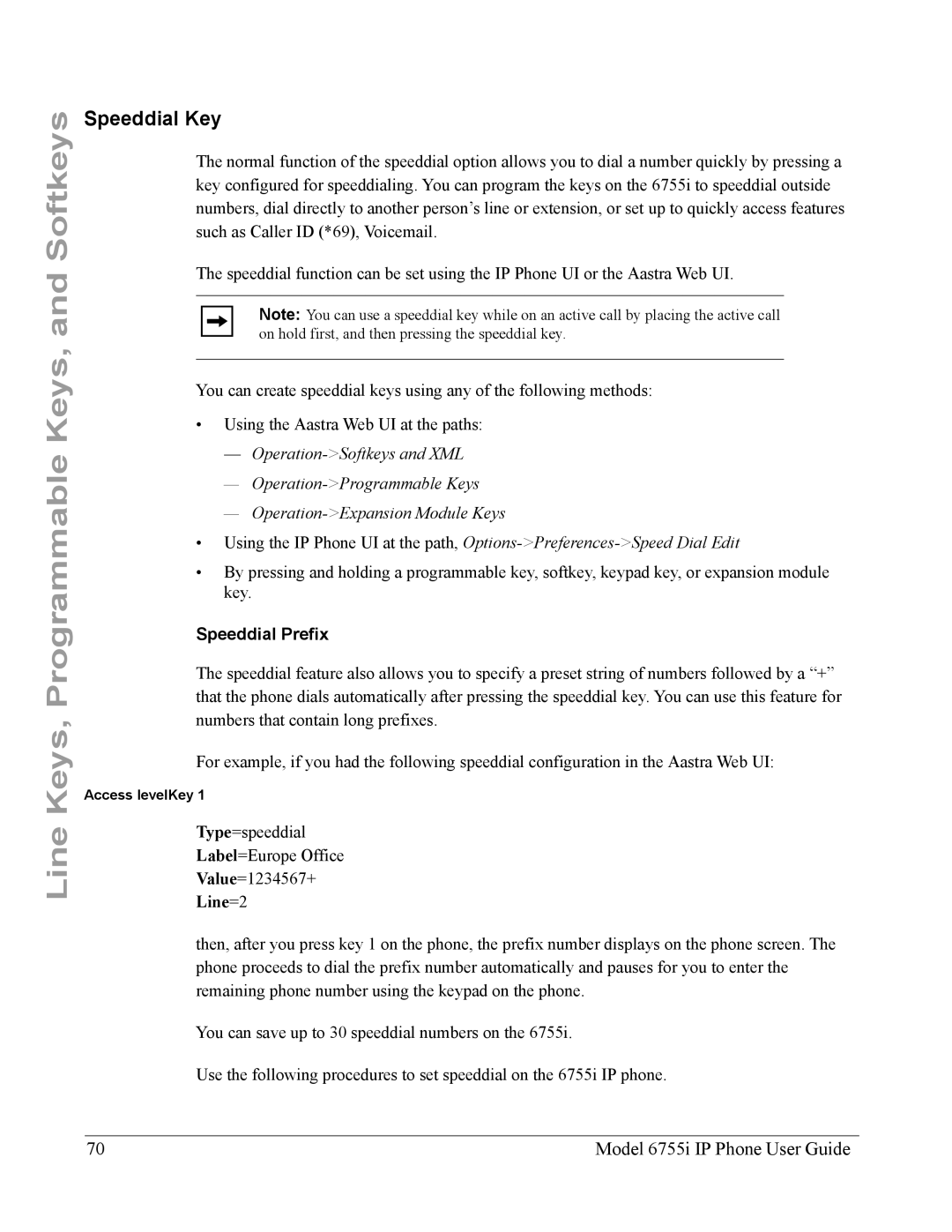 Aastra Telecom 6755i manual Speeddial Key, Speeddial Prefix, Line=2, Access levelKey 