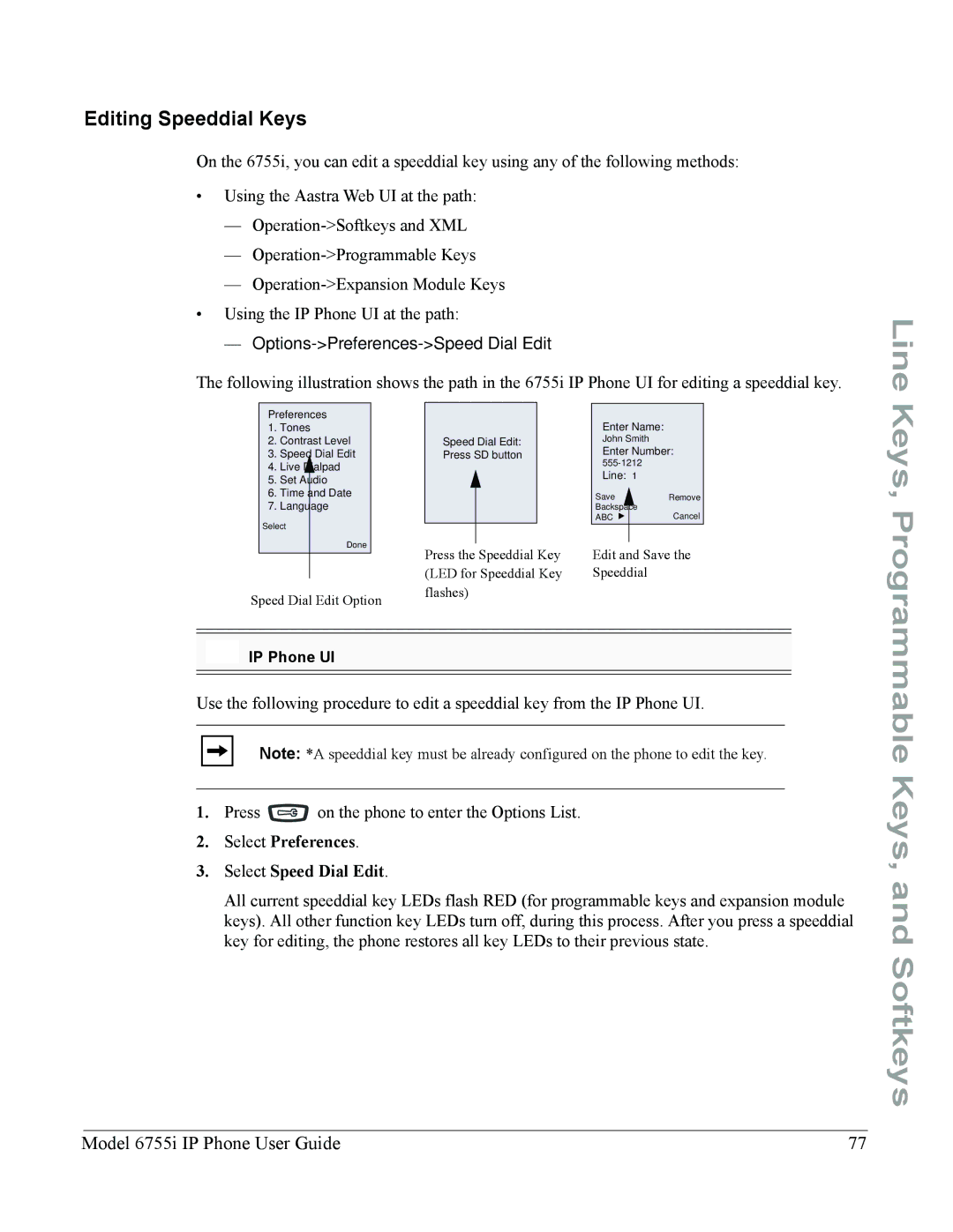 Aastra Telecom 6755i manual Line, Keys, and Softkeys, Editing Speeddial Keys, Select Preferences Select Speed Dial Edit 