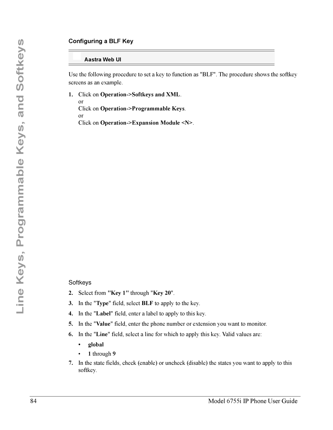 Aastra Telecom 6755i manual Configuring a BLF Key, Global 