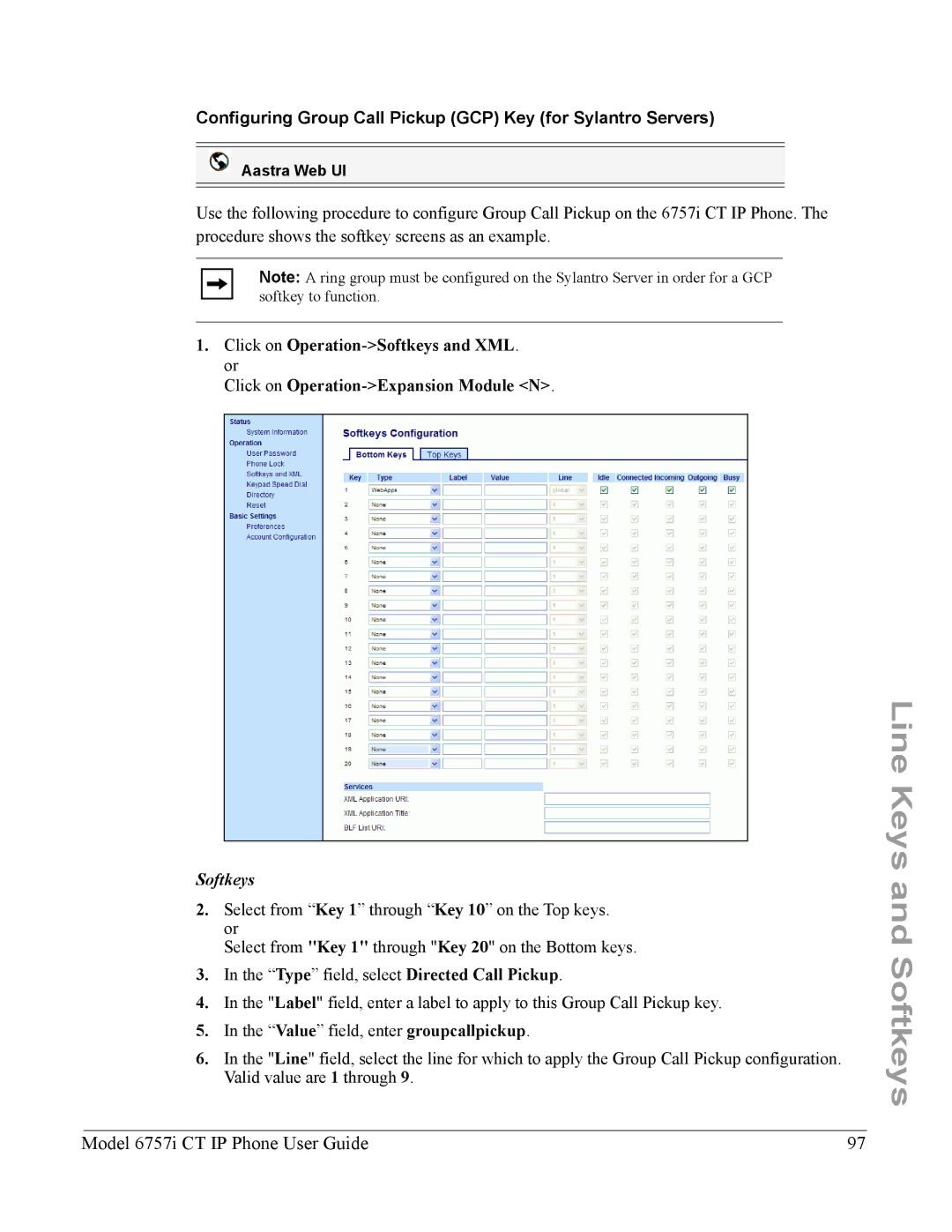 Aastra Telecom 6757I CT manual Configuring Group Call Pickup GCP Key for Sylantro Servers 