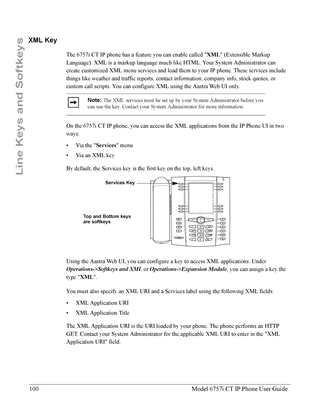 Aastra Telecom 6757I CT manual XML Key, Model 6757i CT IP Phone User Guide, Services Key Top and Bottom keys are softkeys 