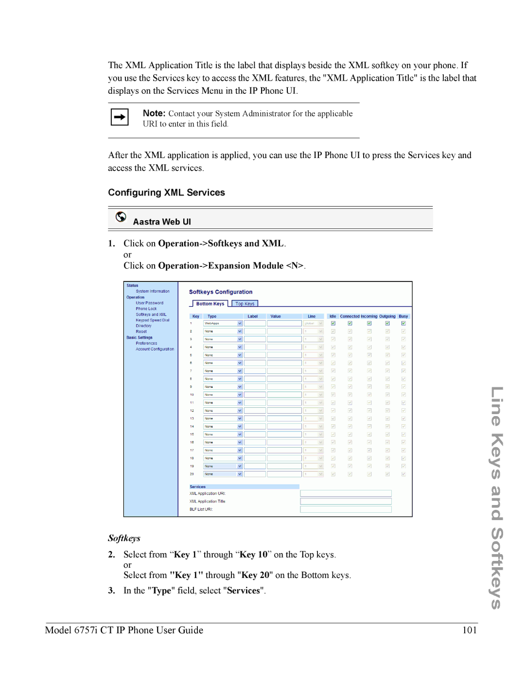 Aastra Telecom 6757I CT manual Model 6757i CT IP Phone User Guide 101, Configuring XML Services 