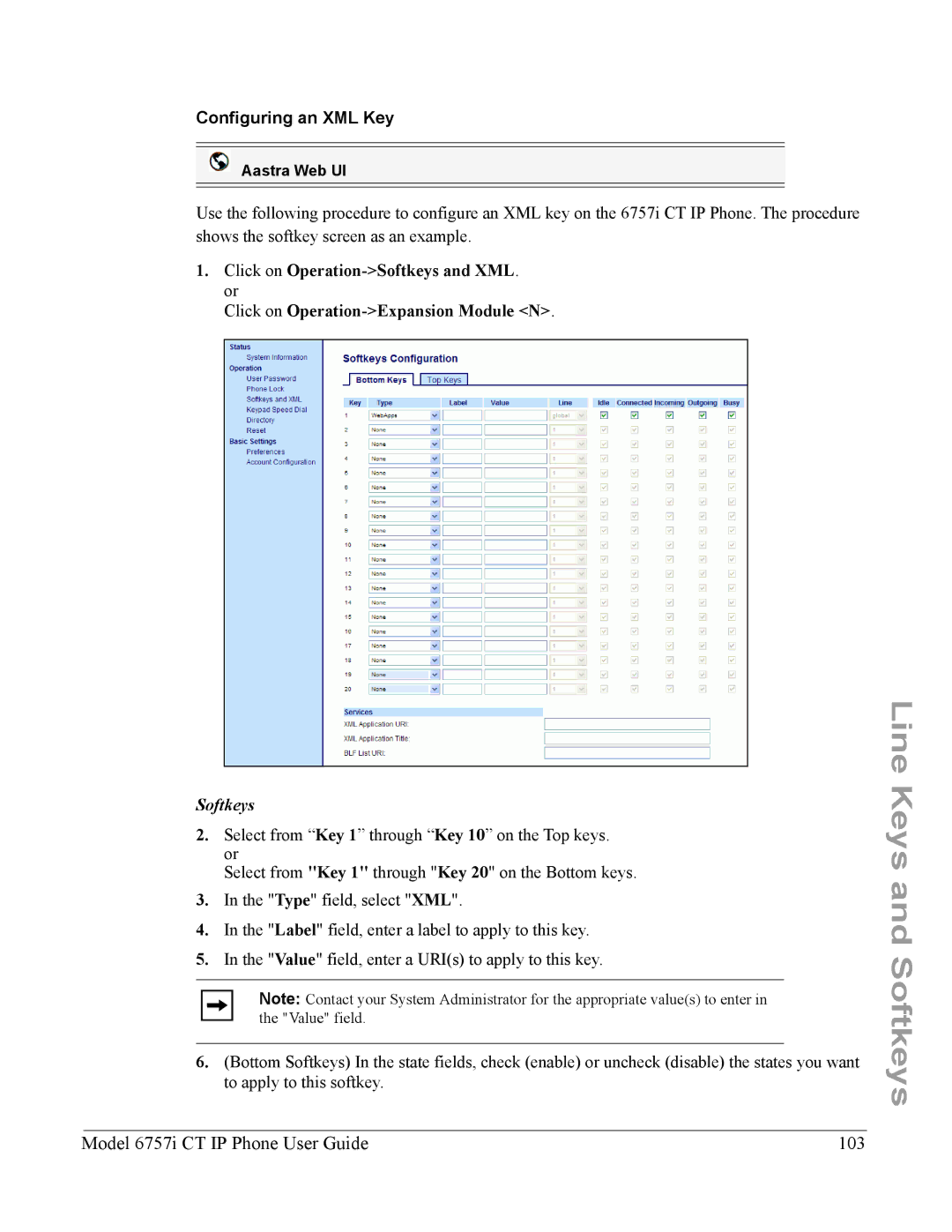 Aastra Telecom 6757I CT manual Model 6757i CT IP Phone User Guide 103, Configuring an XML Key 