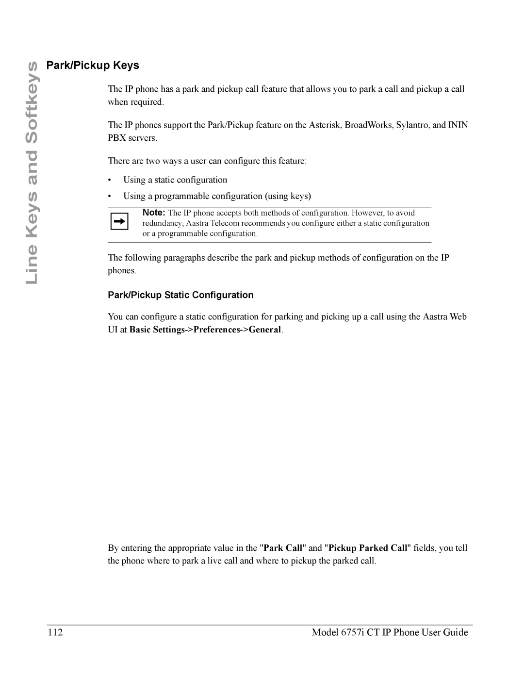 Aastra Telecom 6757I CT manual Park/Pickup Keys, Model 6757i CT IP Phone User Guide, Park/Pickup Static Configuration 