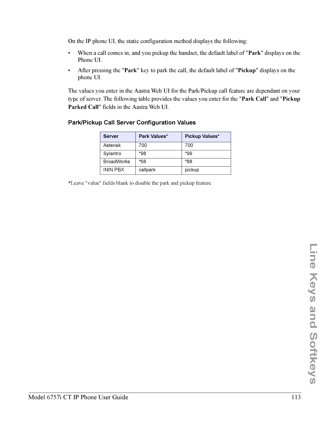 Aastra Telecom 6757I CT manual Model 6757i CT IP Phone User Guide 113, Park/Pickup Call Server Configuration Values 