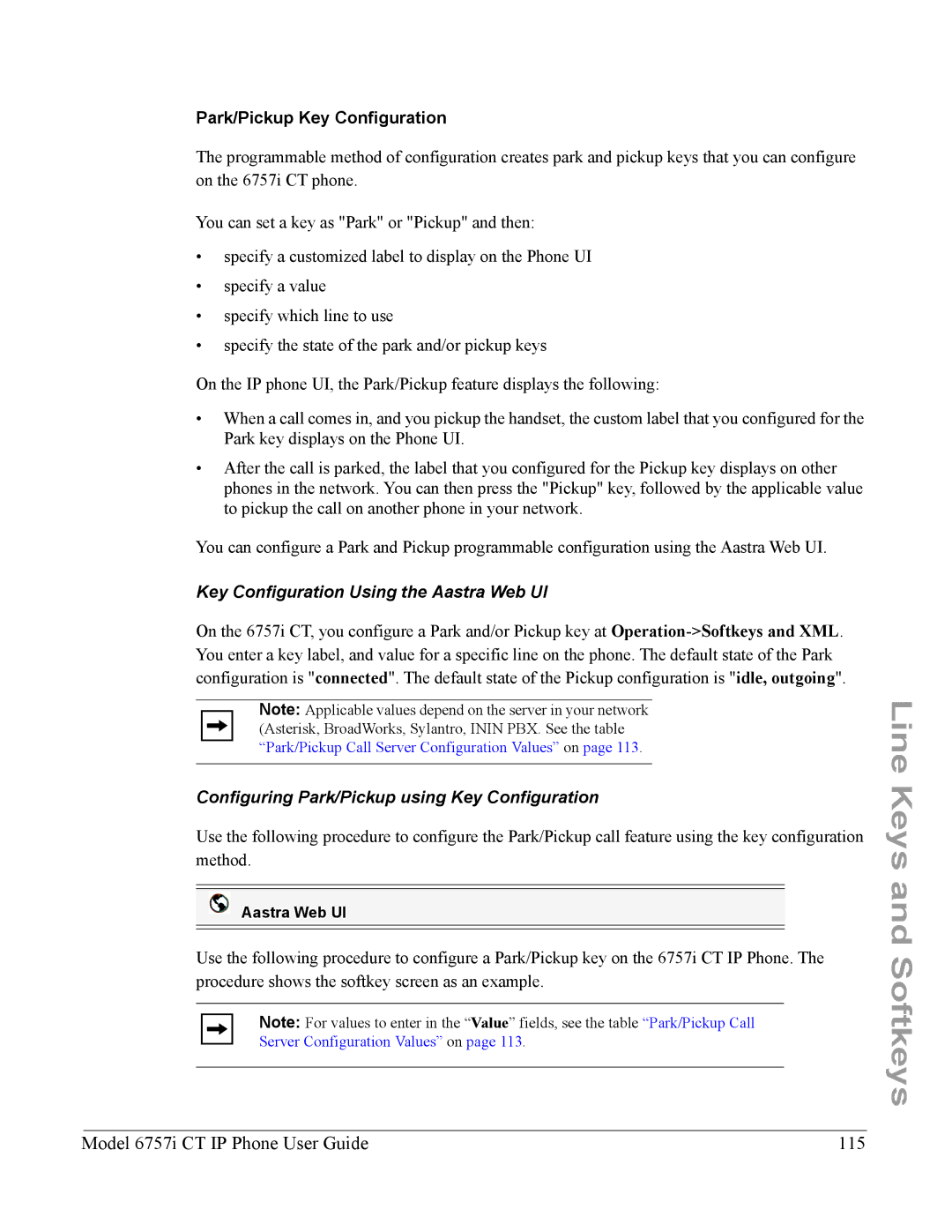 Aastra Telecom 6757I CT manual Model 6757i CT IP Phone User Guide 115, Park/Pickup Key Configuration 