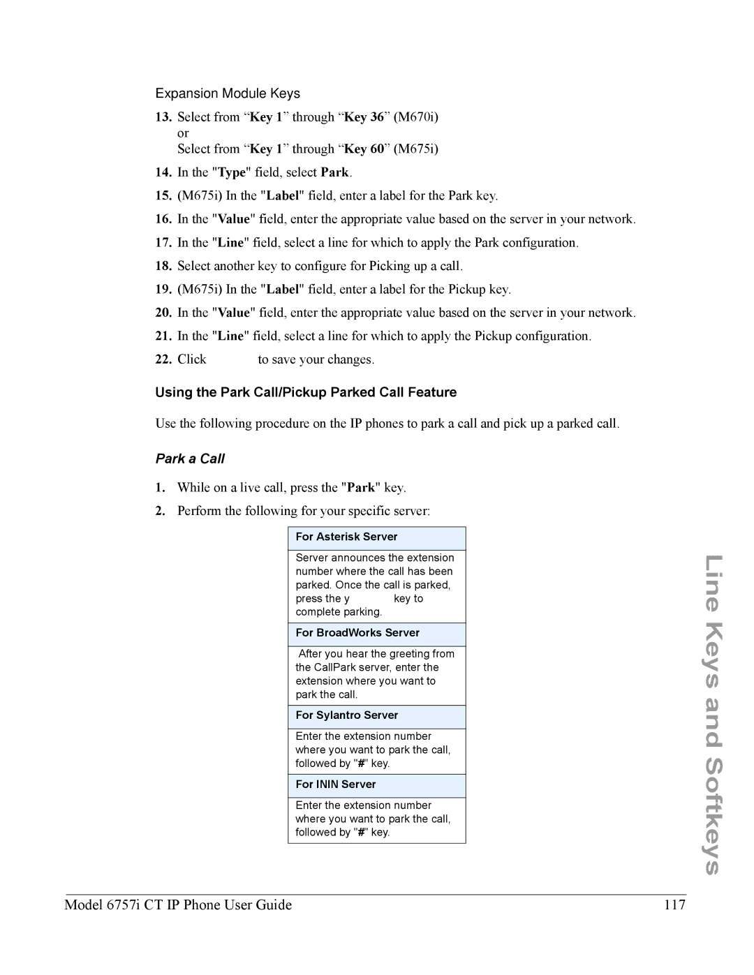 Aastra Telecom 6757I CT manual Model 6757i CT IP Phone User Guide 117, Using the Park Call/Pickup Parked Call Feature 