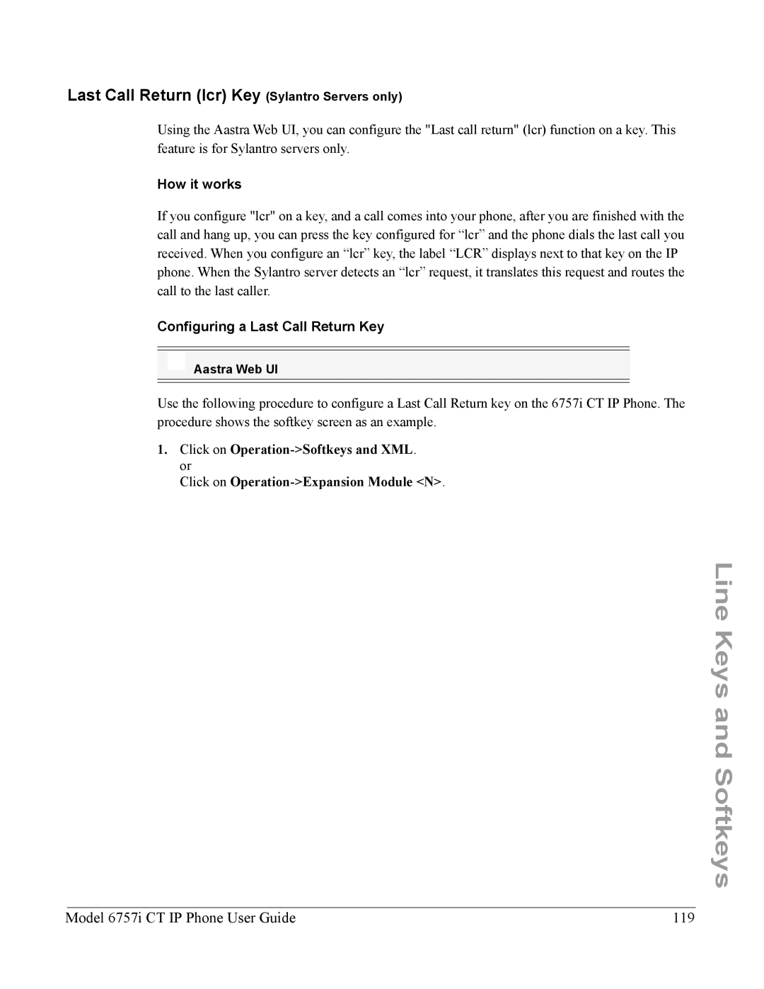 Aastra Telecom 6757I CT manual Last Call Return lcr Key Sylantro Servers only, Model 6757i CT IP Phone User Guide 119 