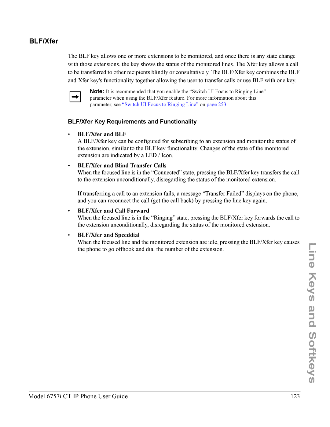 Aastra Telecom 6757I CT manual Model 6757i CT IP Phone User Guide 123, BLF/Xfer Key Requirements and Functionality 
